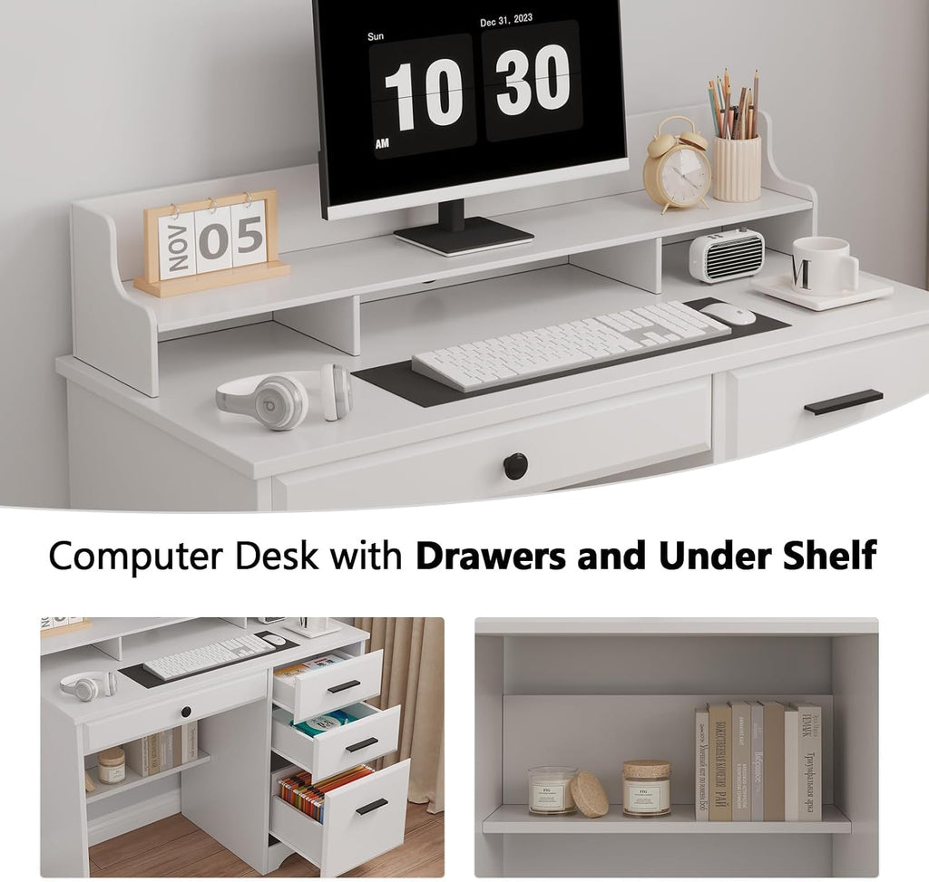 4 EVER WINNER White Desk with Drawers, Small Desk with File Drawer for Small Spaces, Writing Desk with Monitor Stand Wood Table for Study Home Office, White