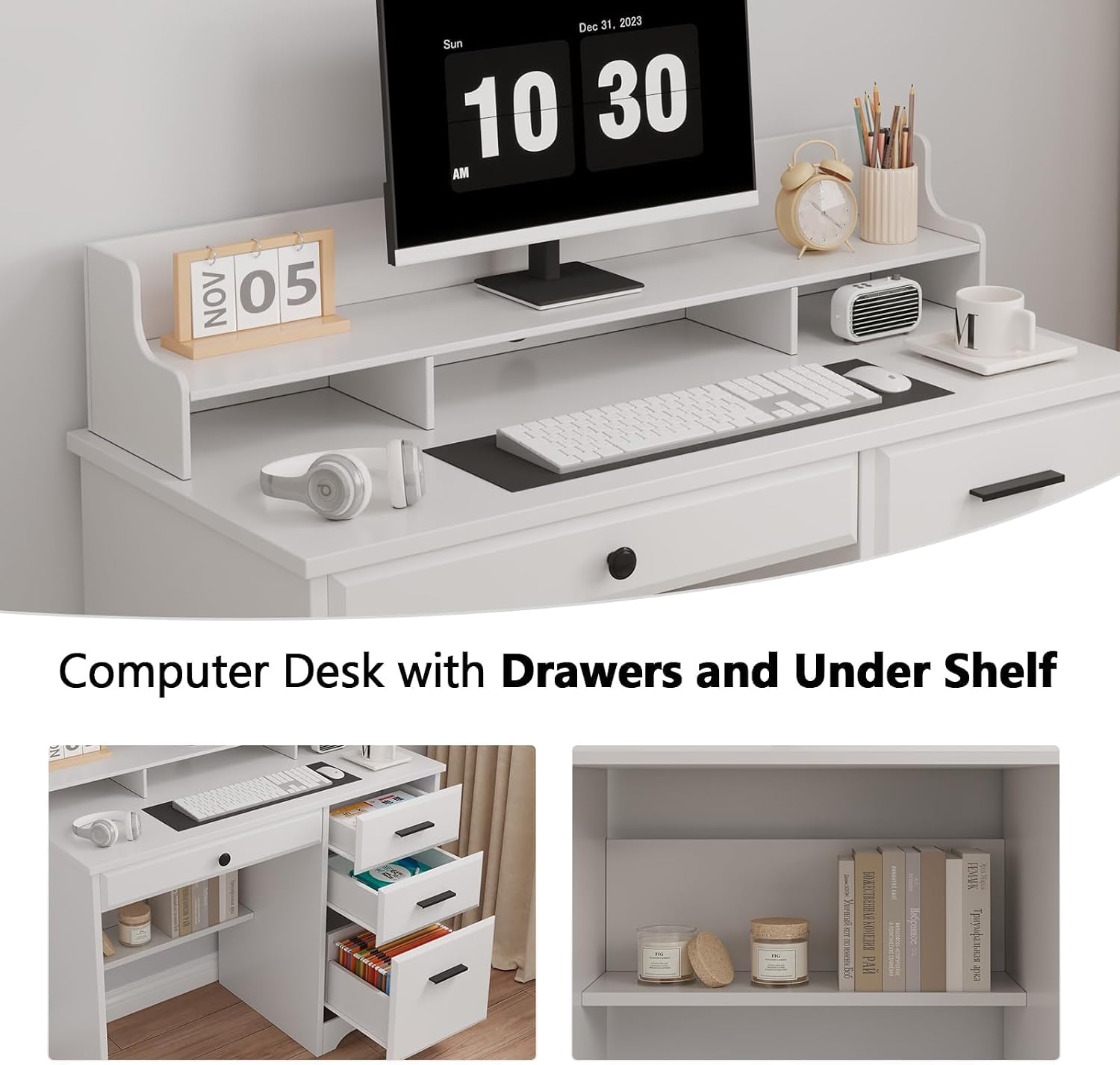 4 EVER WINNER White Desk with Drawers, Small Desk with File Drawer for Small Spaces, Writing Desk with Monitor Stand Wood Table for Study Home Office, White