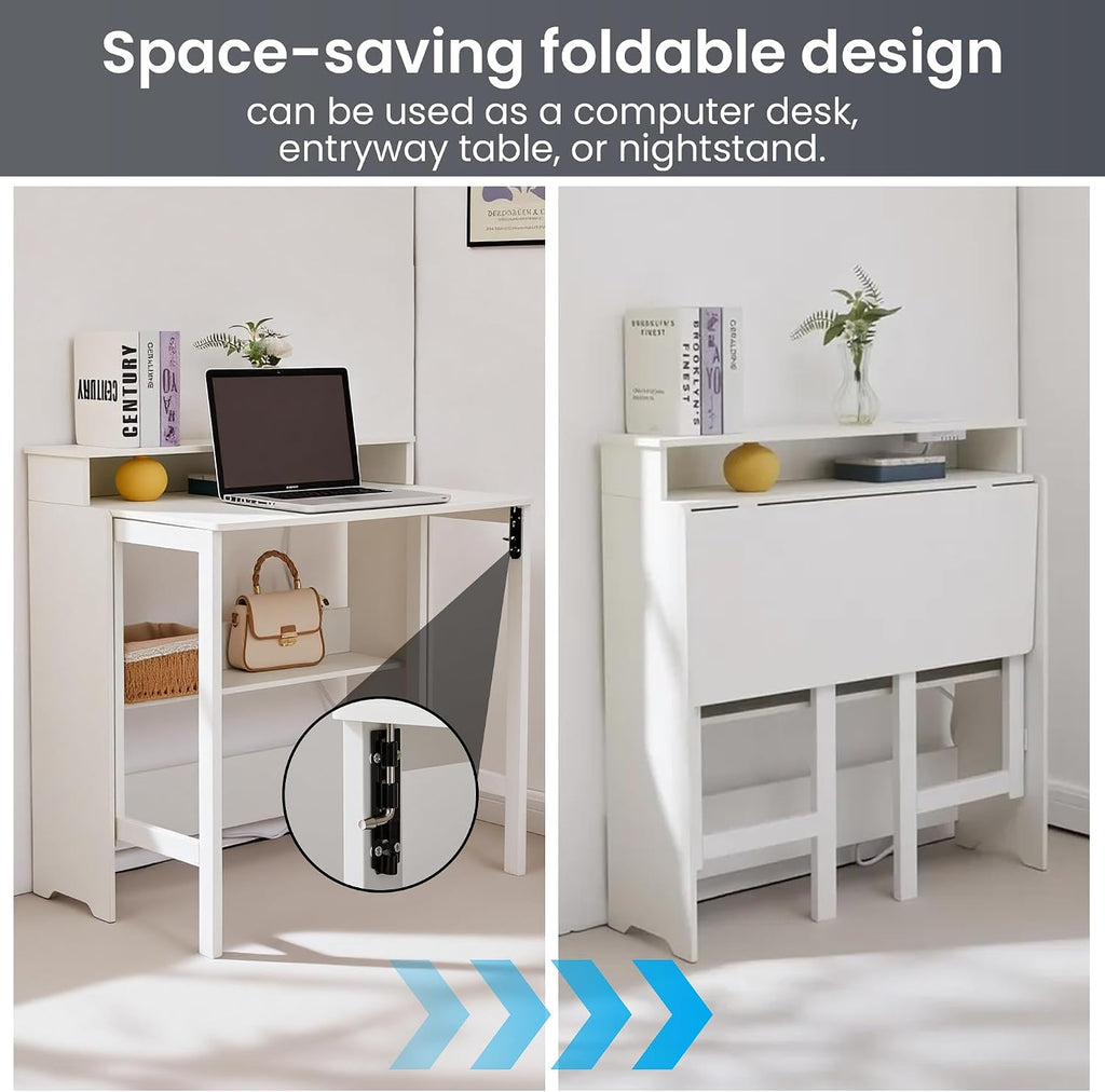 Folding Desk with Charging Station,Fold Out Desk with Monitor Stand,Storage Shelf,Small Foldable Computer Desk for Compact Home Office Spaces (White)