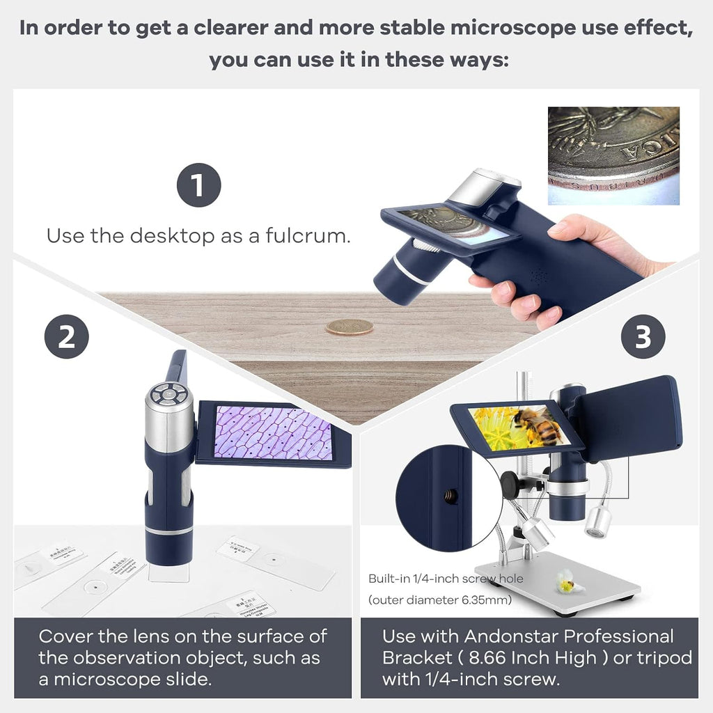 Andonstar AD203S HDMI Digital Microscope for Error Coins with Metal Stand, Handheld Portable USB Microscope Kit for Kids&Adults, 4' LCD Screen, Photo/Video Capture, Windows/Mac PC Compatible(Navy)