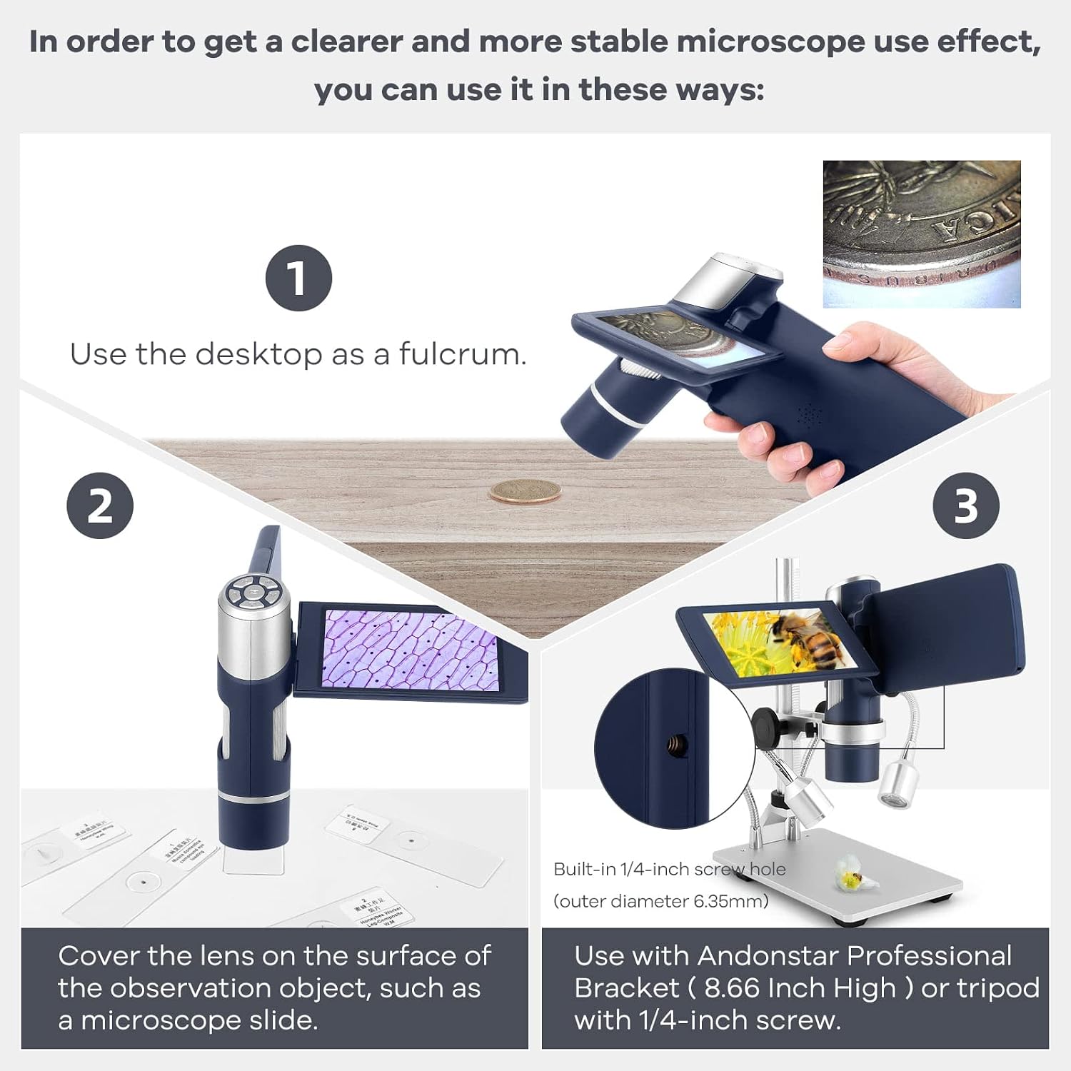 Andonstar AD203S HDMI Digital Microscope for Error Coins with Metal Stand, Handheld Portable USB Microscope Kit for Kids&Adults, 4' LCD Screen, Photo/Video Capture, Windows/Mac PC Compatible(Navy)