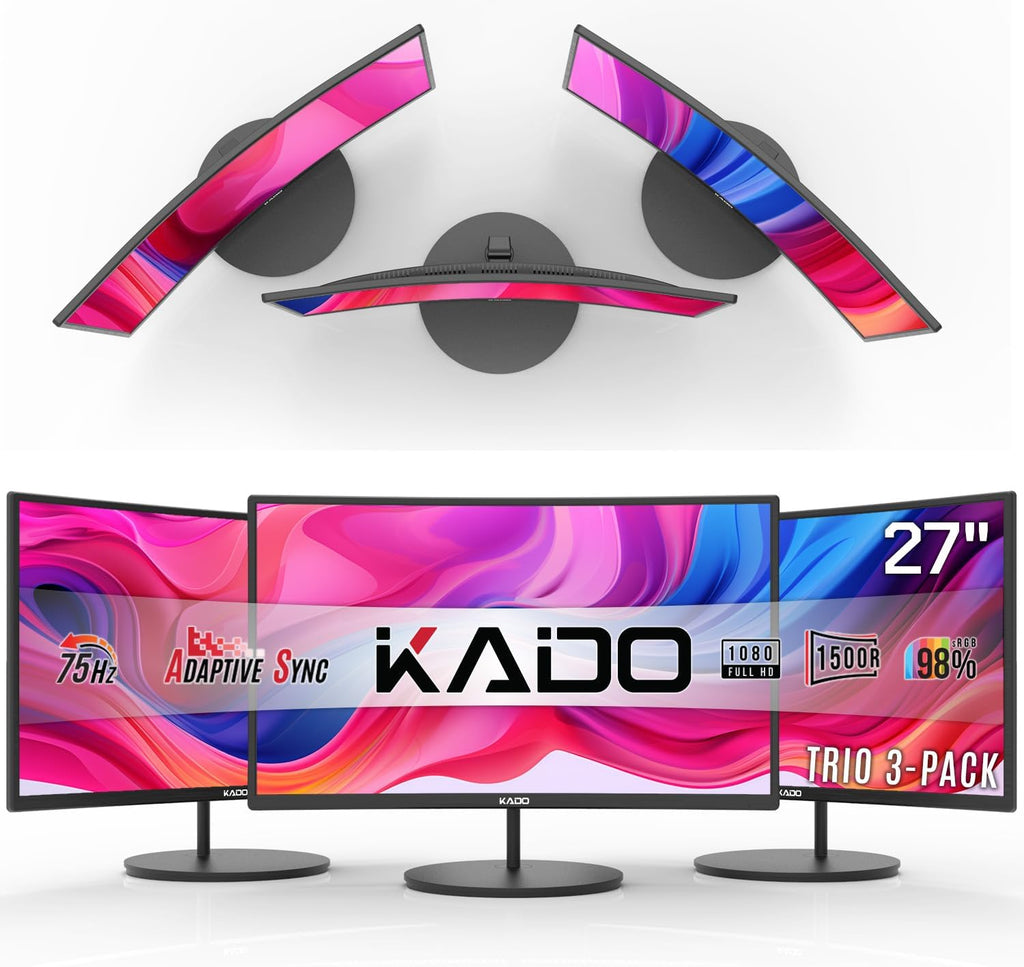 Kado Triple Monitor Setup - 3-Pack 27' 1920x1080 Curved Computer Monitor 1500R 75Hz VESA Mount HDMI Office Gaming Hybrid Sim Racing Built-in Speakers (C27 Trio Series)