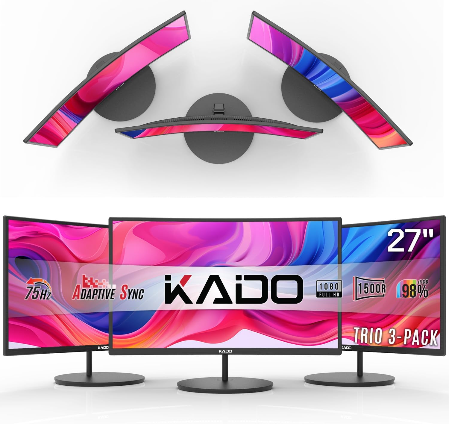 Kado Triple Monitor Setup - 3-Pack 27' 1920x1080 Curved Computer Monitor 1500R 75Hz VESA Mount HDMI Office Gaming Hybrid Sim Racing Built-in Speakers (C27 Trio Series)
