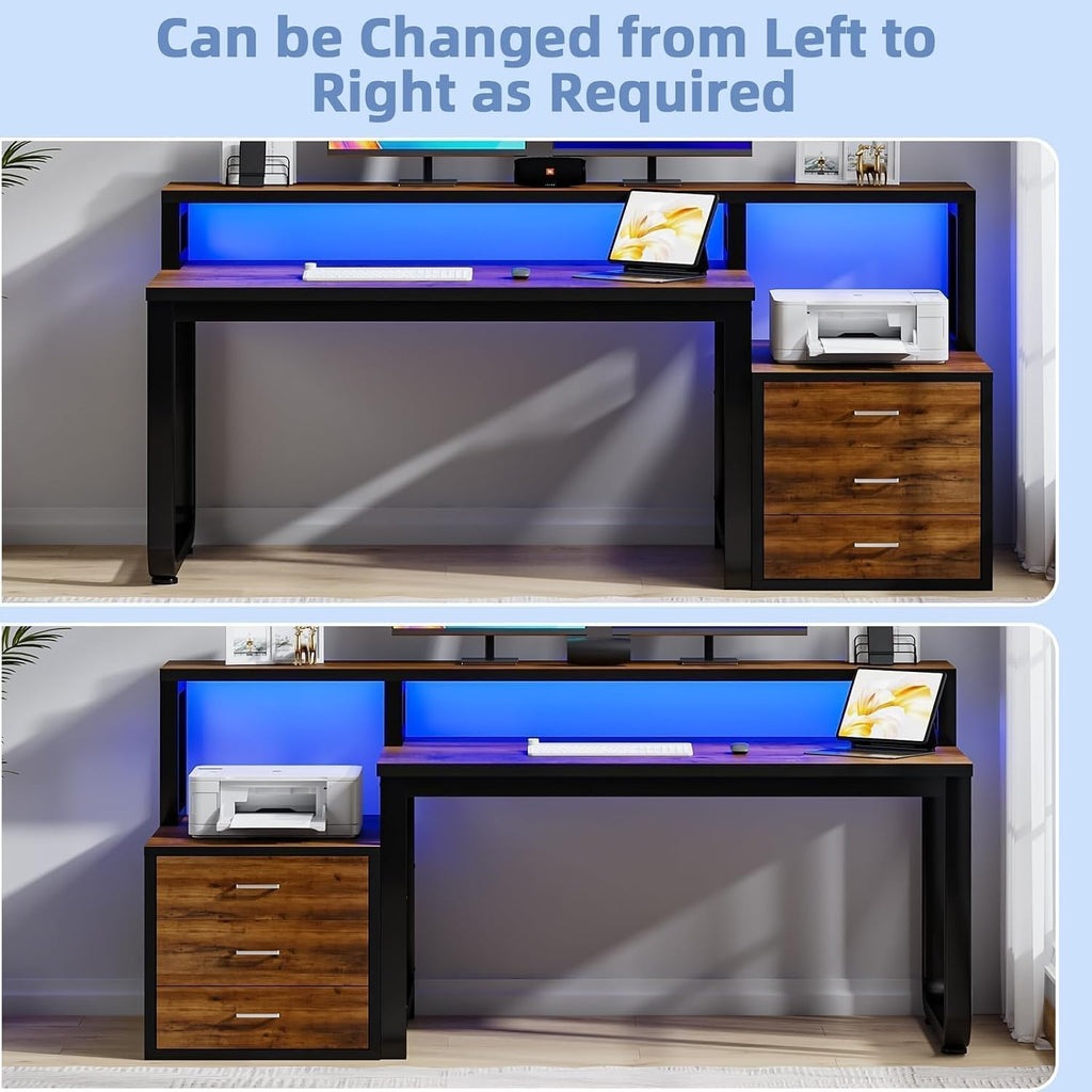 MaverickFurni 67'' Computer Desk with Drawers, Black Desk with Storage and Monitor Stand, Home Office Desk with Printer Shelf and LED Lights, Black and Walnut
