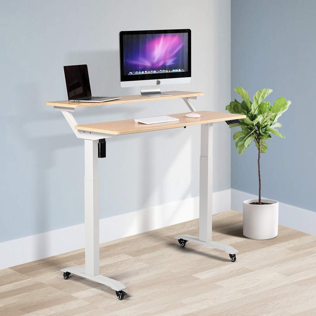 UNICOO Electric Height Adjustable 2-Tier Raising Desk with Wheels, Mobile Standing Desk with Monitor Stand, Ergonomic Adjustable Computer Table, Electric Standing Game Table for Home Office
