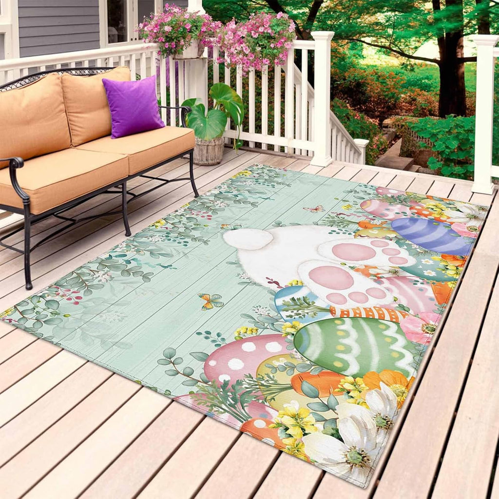 Cute Easter Bunny Outdoor Rug for Patio/Deck/Porch, Non-Slip Large Area Rug 5 x 8 Ft, Eucalyptus Leaves Colorful Eggs Teal Wooden Indoor Outdoor Rugs Washable Area Rugs, Camping Rug Carpet Runner