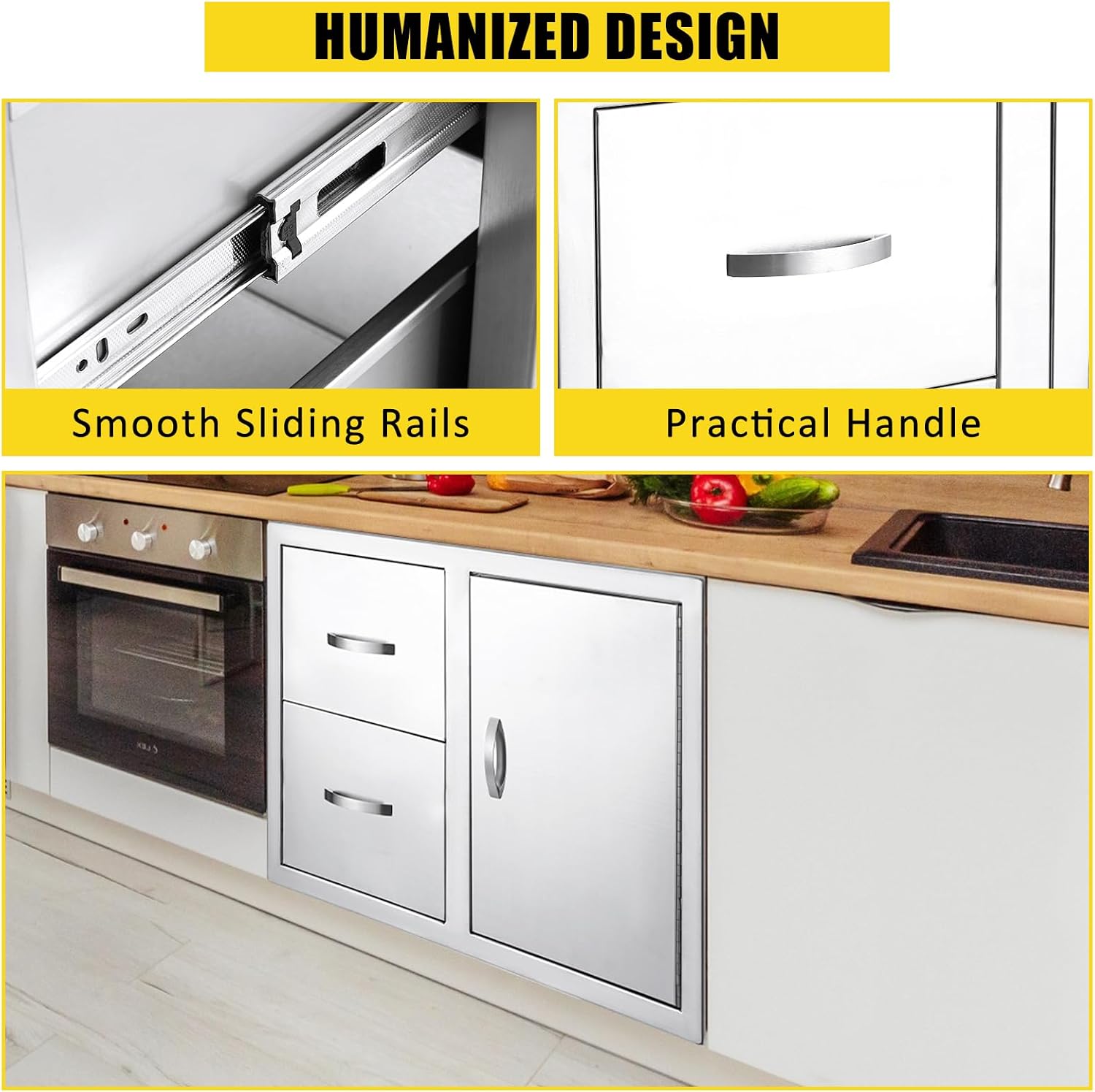 GarveeLife 33''W x 22''H x 22''D Outdoor Kitchen Drawer Combo with Paper Towel Rack, BBQ Access Door Drawers Combo with Stainless Steel, Perfect for BBQ Grill Station Outdoor Kitchen Storage Cabinet
