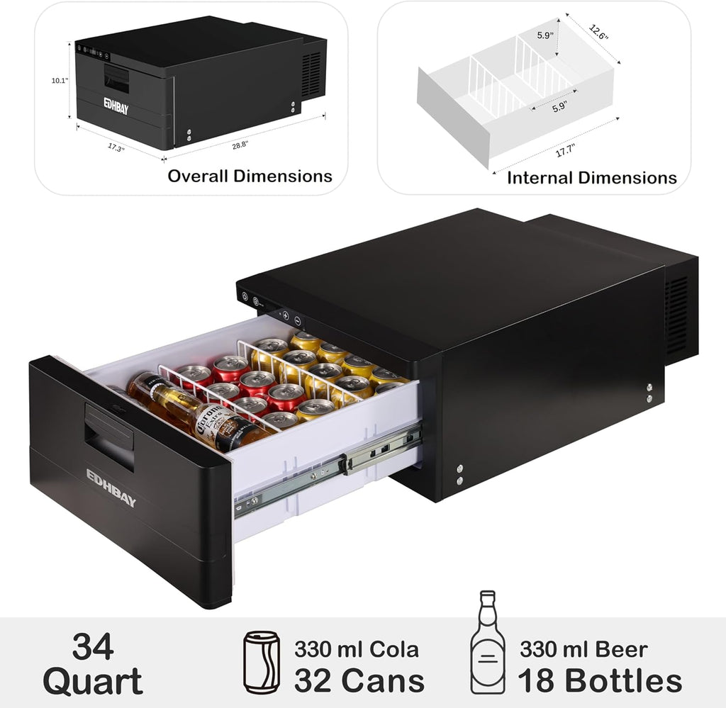 RV Car Protable Refrigerator 12V 24V 34 Quart 32L Drawer Freezer for Truck Van RV Camper SUV Boat Travel Camping Road Trips Tailgating -4℉~50℉