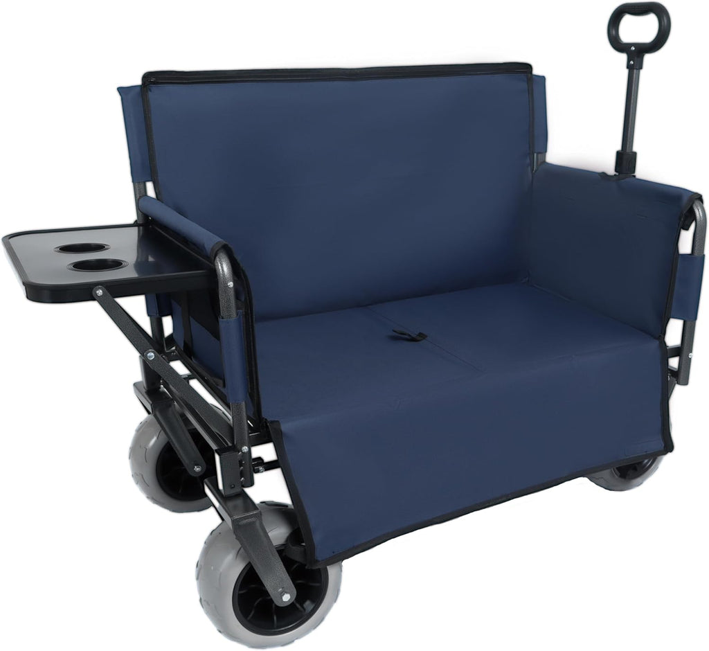3-in-1 Folding Wagon with Bench Seat – 500lbs Capacity,Reinforced Carbon Steel Frame, 180L Cargo Space– Perfect for Camping, Beach, Outdoor Events & Heavy-Duty Hauling (Blue + Cup Holder)