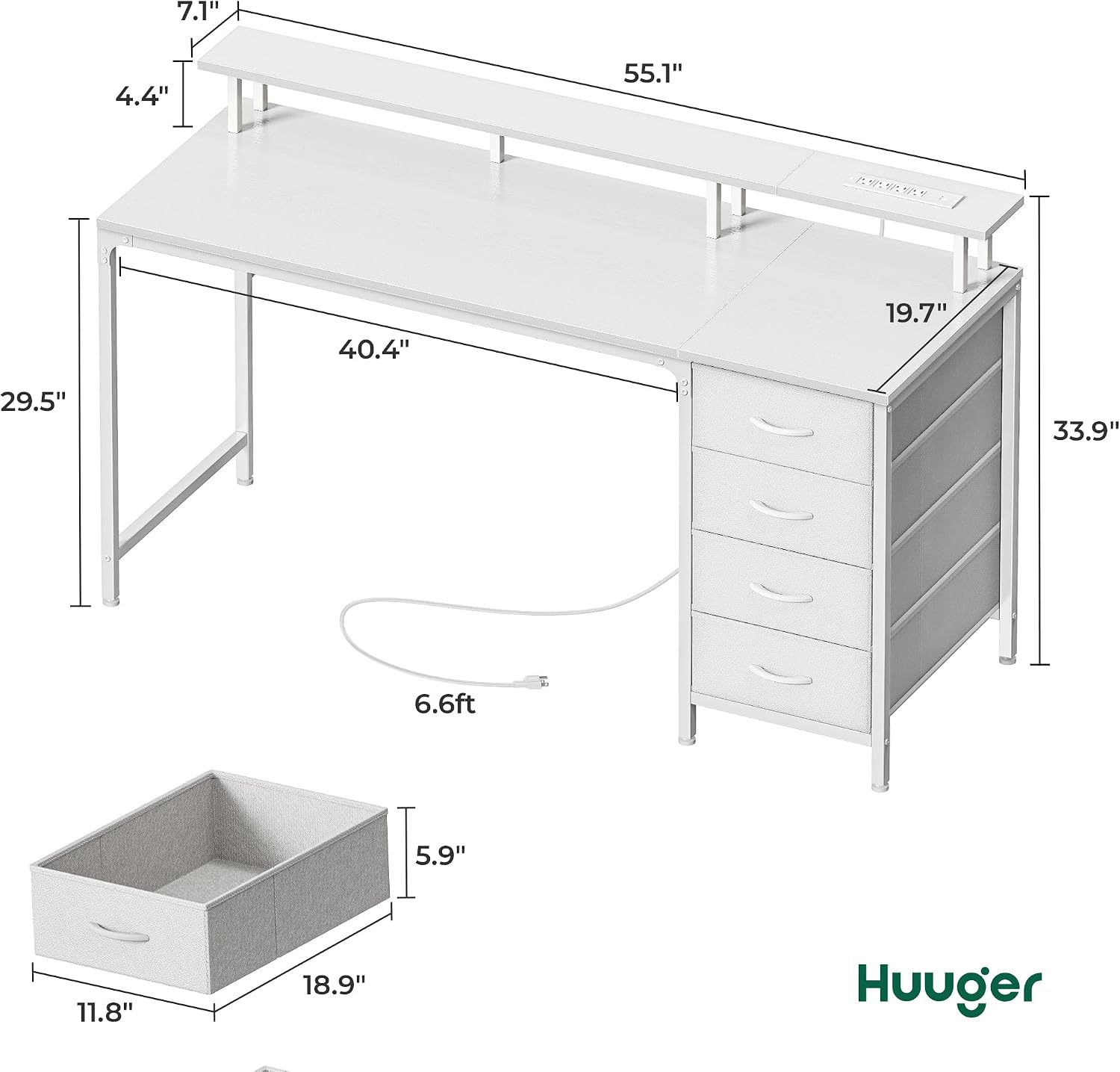 Huuger 55 Inch Computer Desk with Power Outlets and LED Lights, Gaming Desk with 4 Drawers, Office Desk with Monitor Stand, Study Work Home Office, White