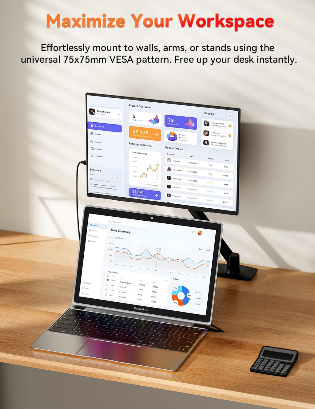 HotYeah 18.5' 100Hz & 15.6' 60Hz Portable Monitors Bundle, FHD IPS USB-C HDMI External Screens w/Adjustable Stand & Dual Speakers for Laptop, PC, Mac, Phone, Switch, PS5