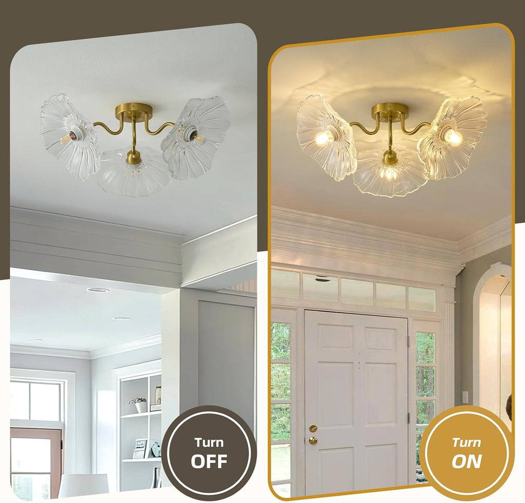 Flower Glass 3 Lights Ceiling Light - Gold Vintage Floral Semi Flush Mount Chandelier Lighting Fixtures - Mid Century Modern Art Deco Lamps for Bedroom Bathroom Hallway Foyer Hall Kitchen Living Room