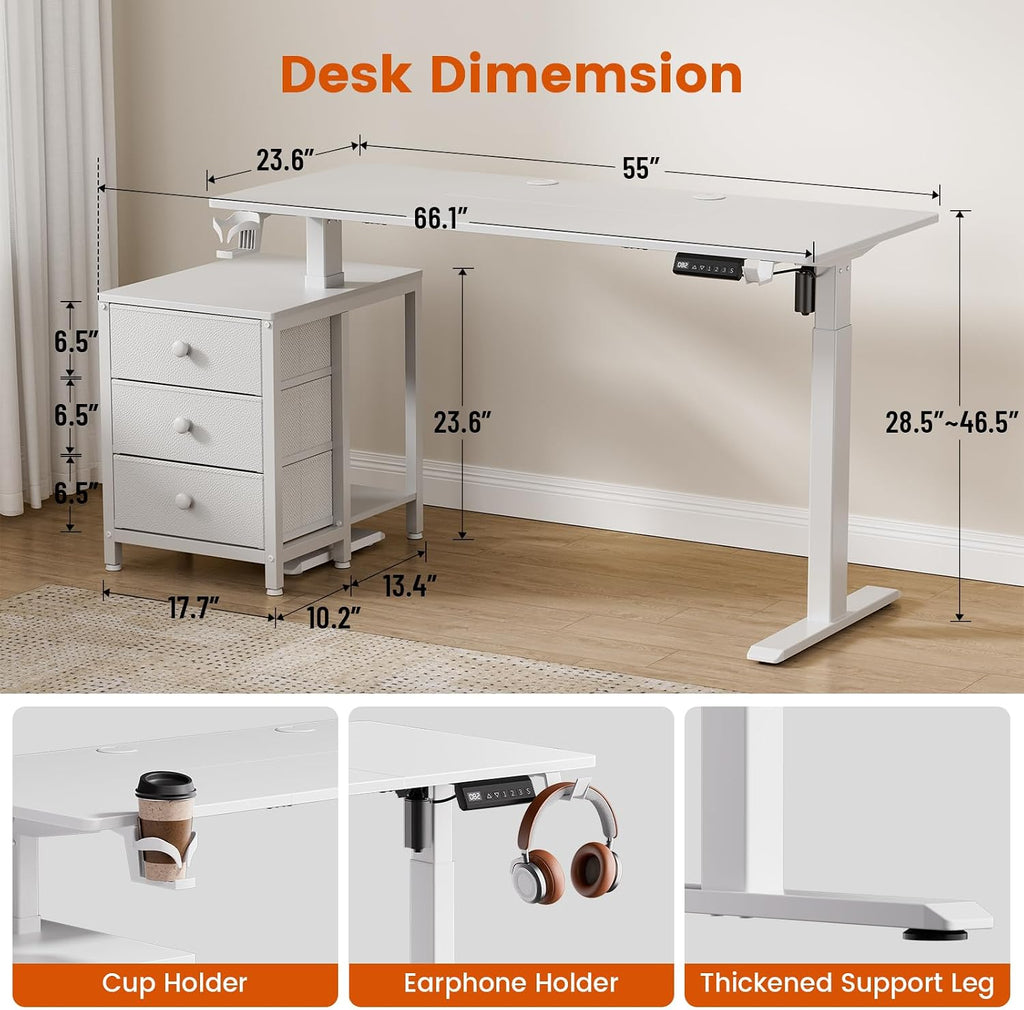 REAHOME Electric Standing Desk with Drawers, 55 x 24 Inches Height Adjustable Sit Stand Desk with Storage, 3 Memory Preset Home Office Computer Desk, Printer Cabinet, 2 Hooks, Cable Management, White