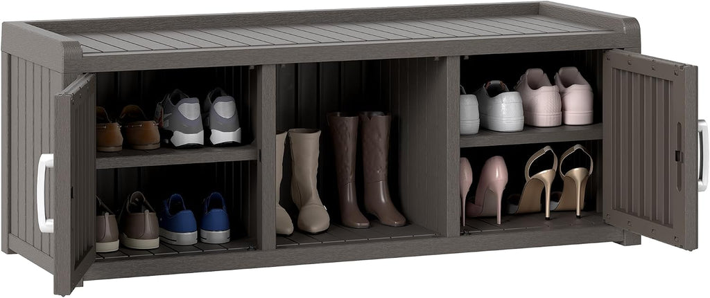 NUNU LAB Resin Shoe Cabinet,Waterproof Shoe Storage Cabinet with Adjustable Shelves,Entryway Storage Bench with Seat,Shoe Bench with Doors for Foyer,Hallway,Living Room (Grey, 2-Door Big)