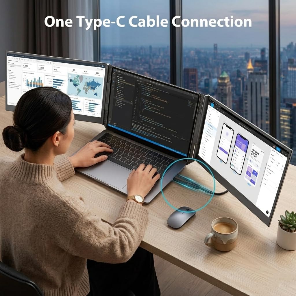 APILDELLA 15.6' Triple Laptop Screen Extender One Cable, 1080P FHD Portable Dual Monitor, Ultra-Slim Travel Monitor Extender for Triple Display on Mac/Windows, Fits 13'-17.3' Laptops（Driver Required）