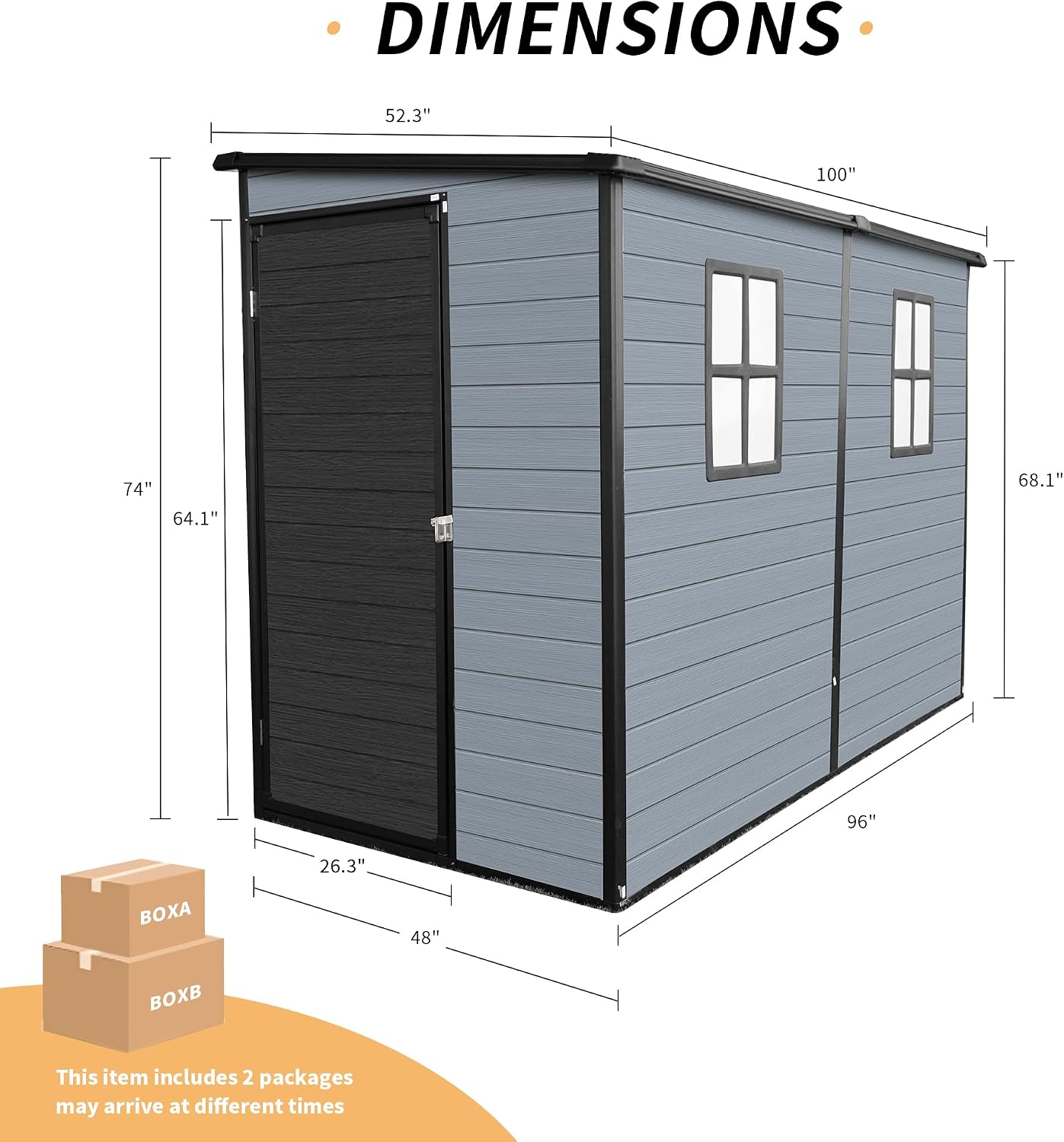 4x8ft Resin Shed with Floor Included, Outdoor Storage Lean to Shed with 2 Windows and Lockable Door, Garden Sheds for Tools, Bike, Gray and Black