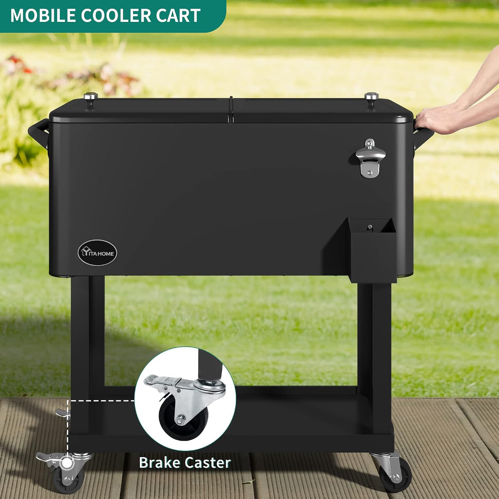 YITAHOME 80 Quart Rolling Cooler Cart with Bottle Opener Drainage, Portable Patio Cooler Rolling on Wheels, Outdoor Rolling Beverage Cart Drink Cooler for Patio Pool Deck Party BBQ Cookouts (Silver)