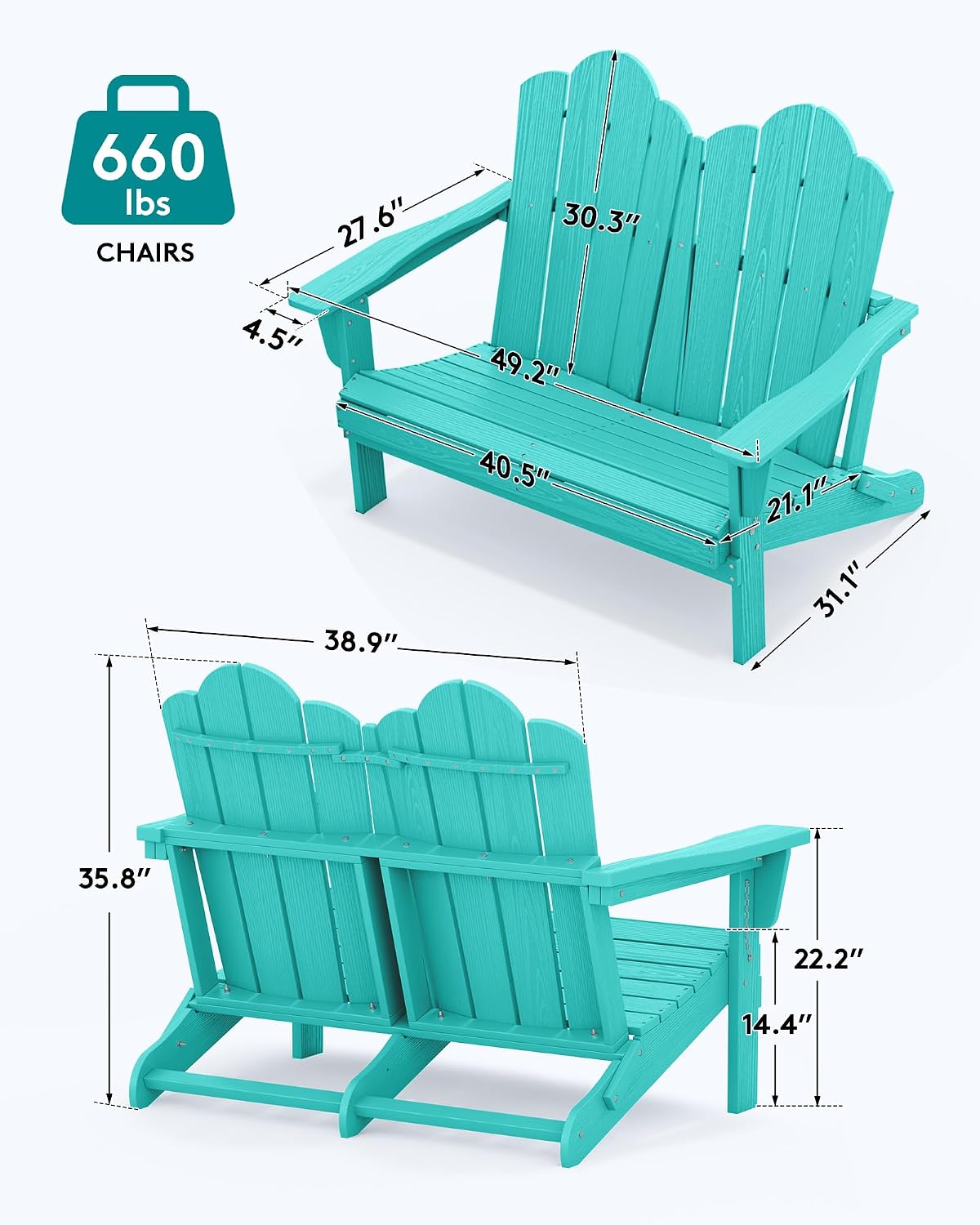 SERWALL Folding Adirondack Bench, HDPE All-Weather Adirondack Loveseat, 660 lbs Capacity, Foldable Outdoor Patio Bench for Deck, Lawn, Garden, Aruba
