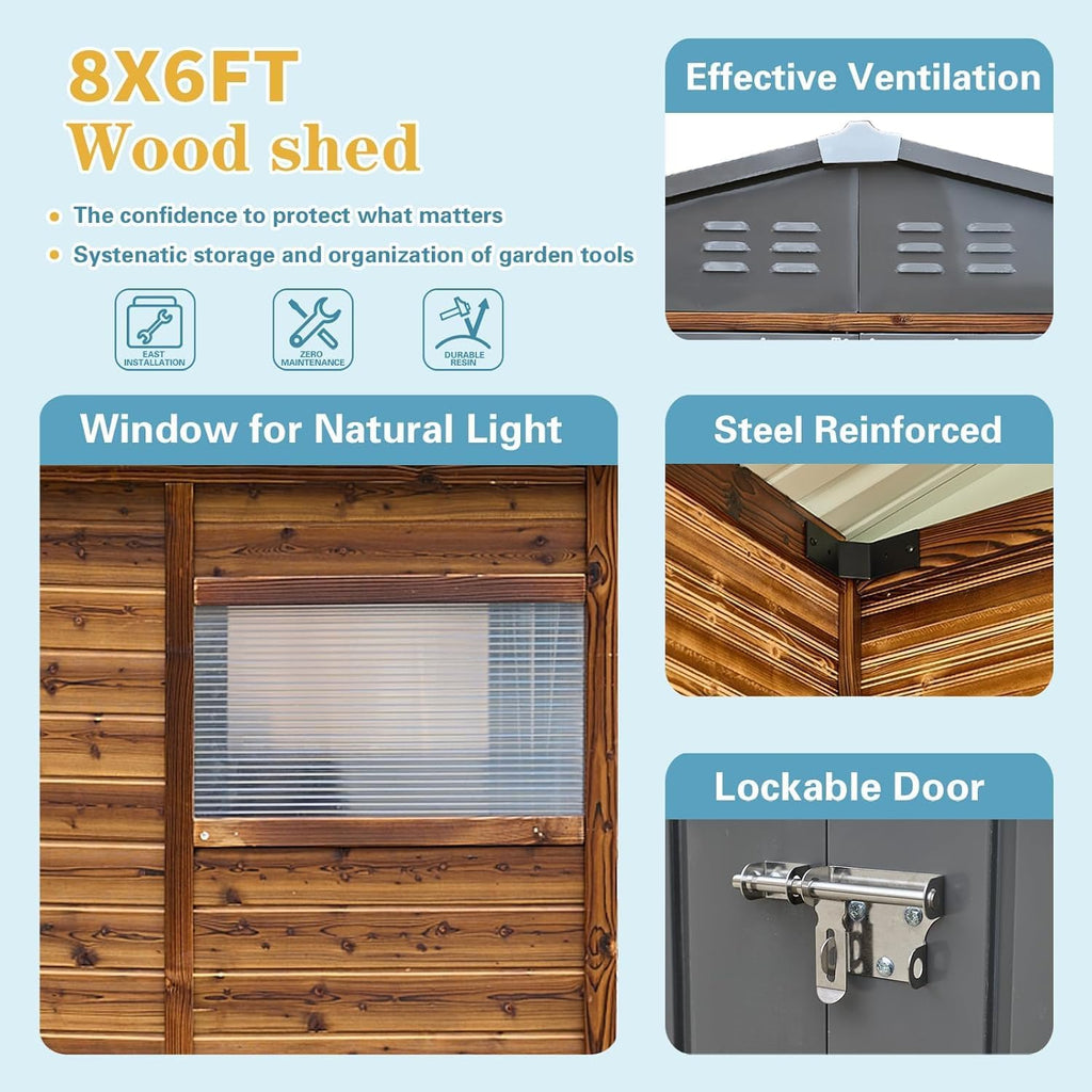 Endark 6x8FT Waterproof & Rust-Resistant Outdoor Storage Shed with Window, Lockable Sliding Doors & Metal Sloped Roof - Ideal for Garden, Backyard, and Patio