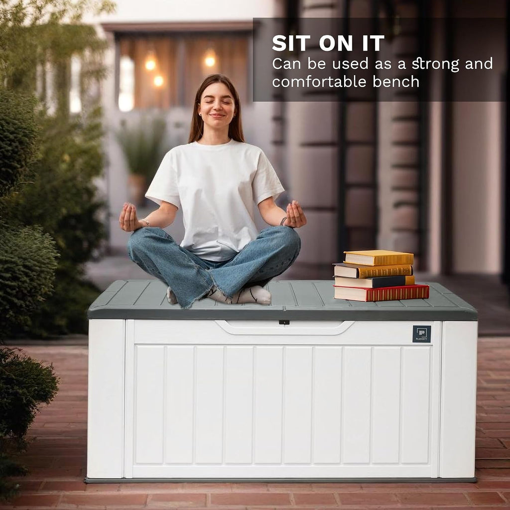 230 Gallon Large Deck Box, Durable Waterproof Resin Deck Box for Patio Furniture, Garden Tools, Pool Storage (White, 150Gallon)