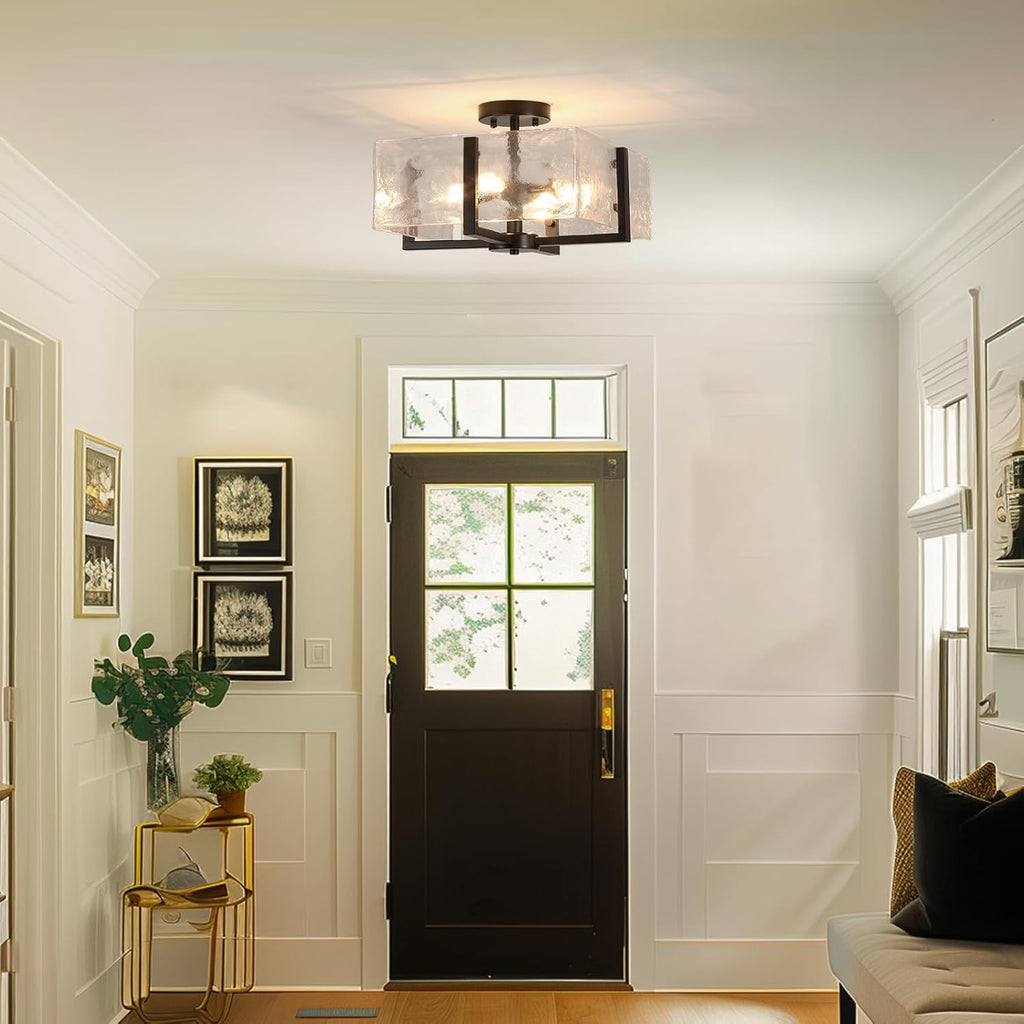 Black Semi Flush Mount Ceiling Light 4-Light Glass Light Fixtures Ceiling Mount,14.96' Modern Farmhouse Light Fixture for Foyer, Hallway, Entryway, Dining Room, Kitchen, Bedroom, Porch