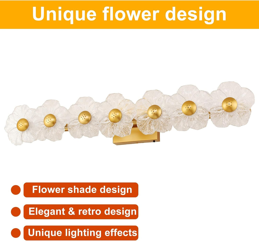 MantoLite 33.46'' Bathroom Light Fixtures Modern Vanity Light Over Mirror Adjustable 3000K-6000K Picture Lights Art Light with Floral Clear Glass Shades for Living Room Bedroom (7 Light Gold)