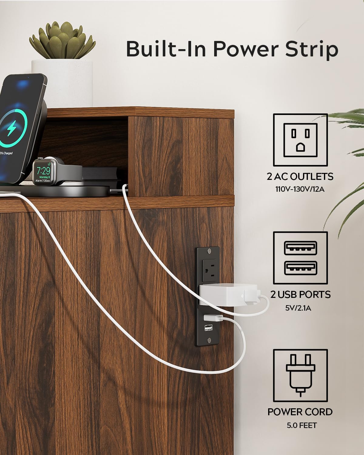 EYYTHUNG Brown Fluted Executive Desk with Storage Shelf & File Drawer, 55' Modern Wood Office Desk with Monitor Stand & Charging Station, Home Writing Computer Table for Work Study