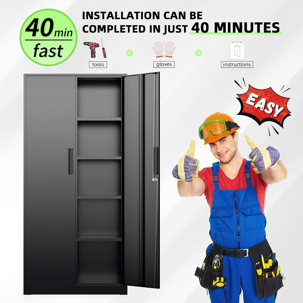 Bonusall 72' Storage Cabinet,2 Locking Doors & 4 Adjustable Shelves,Tall Cabinets,Heavy Duty Steel Cabinet for Home, Office, Warehouse, School (Black)