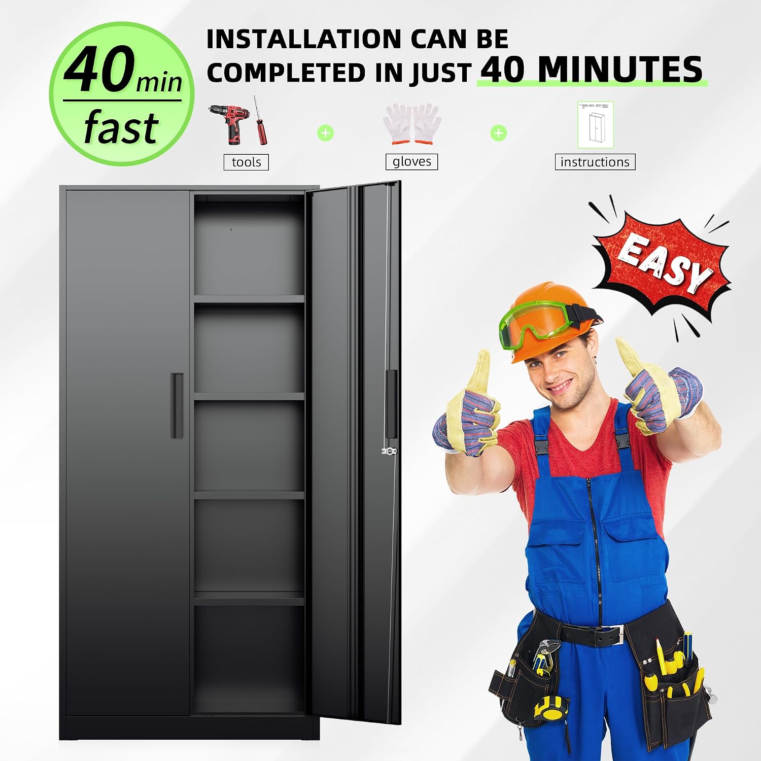 Bonusall 72' Storage Cabinet,2 Locking Doors & 4 Adjustable Shelves,Tall Cabinets,Heavy Duty Steel Cabinet for Home, Office, Warehouse, School (Black)