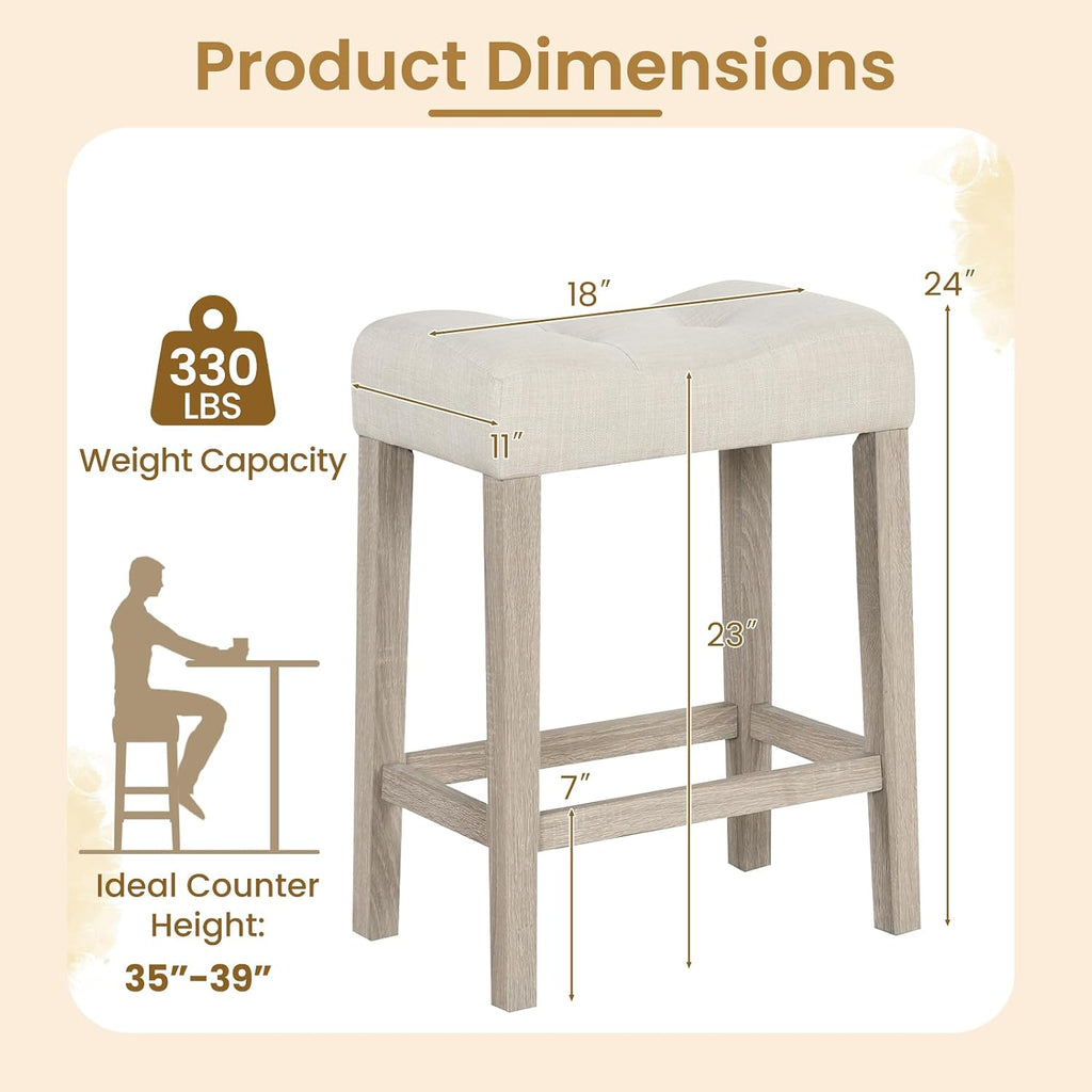 NAFORT Counter Height Saddle Stool Set of 4, Wooden Upholstered Stools Set with Rubber Wood Legs, High-Density Sponge Cushion, Non-Slip Pads, Backless Saddle Chair for Living Room, Kitchen, Pub, Beige