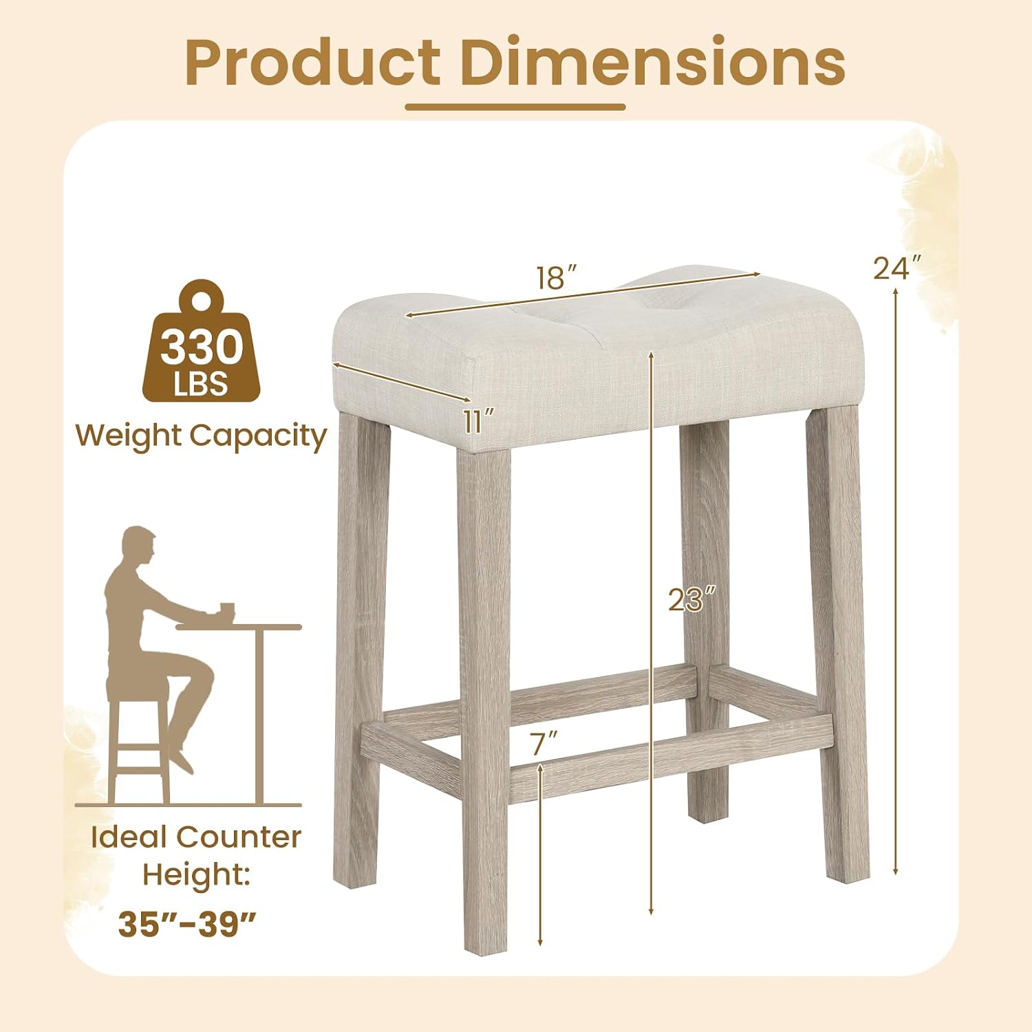 NAFORT Counter Height Saddle Stool Set of 4, Wooden Upholstered Stools Set with Rubber Wood Legs, High-Density Sponge Cushion, Non-Slip Pads, Backless Saddle Chair for Living Room, Kitchen, Pub, Beige