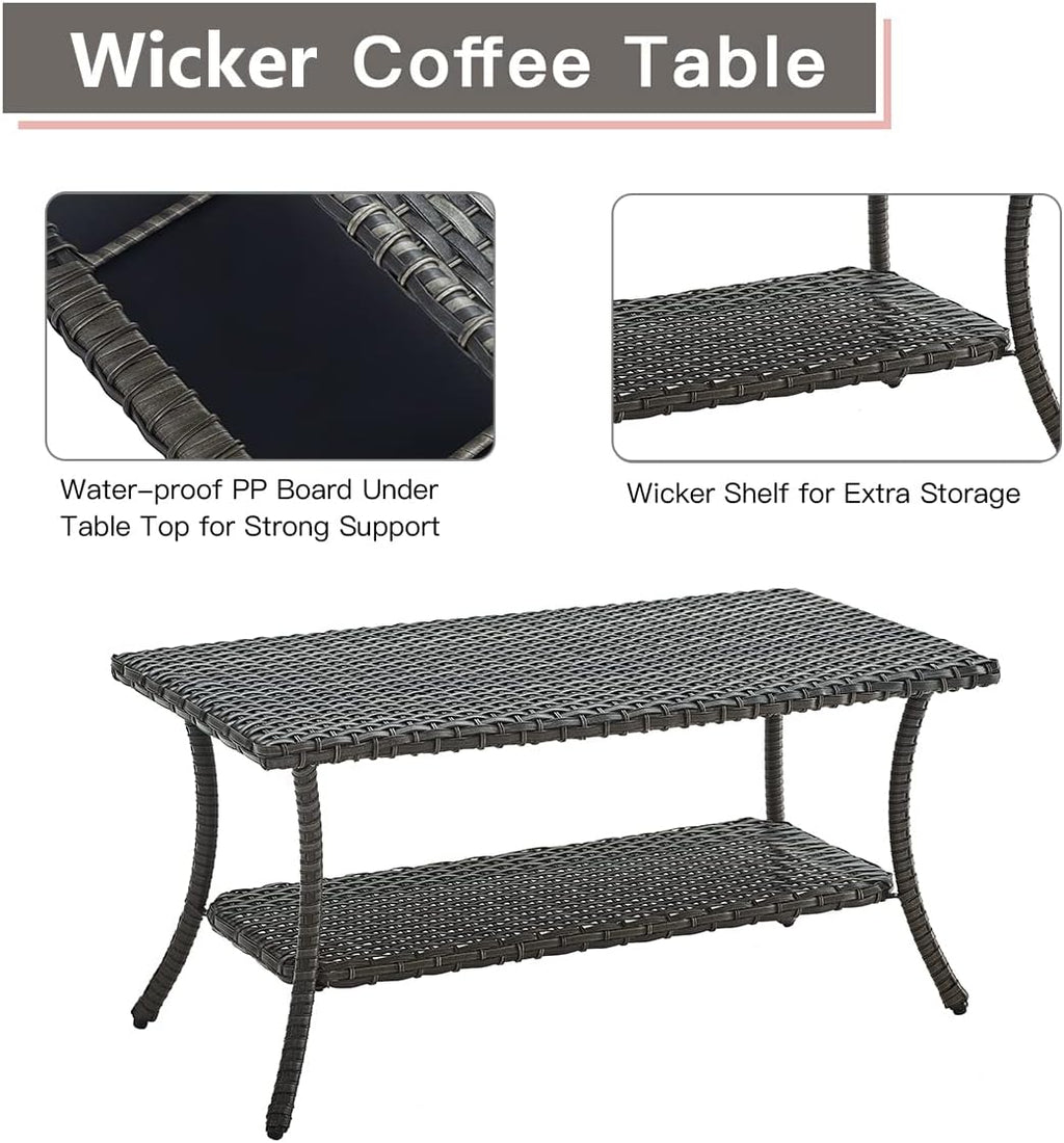 HUMMUH Wicker Patio Coffee Table,Rattan Outdoor Coffee Table with 2-Layer Storage Furniture Tables for Garden,Porch,Backyard (Grey)