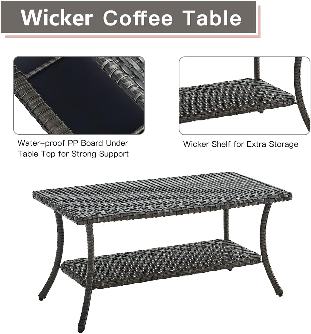 HUMMUH Wicker Patio Coffee Table,Rattan Outdoor Coffee Table with 2-Layer Storage Furniture Tables for Garden,Porch,Backyard (Grey)