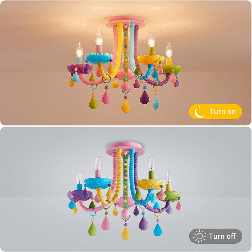 5-Light Children Candle Chandeliers, Modern Candy Design Flush Mount Close to Ceiling Light for Bedroom, Dining Room, Kitchen, Bathroom, D22 × H16 inch, Macaron Colorful Finish & K9 Crystal