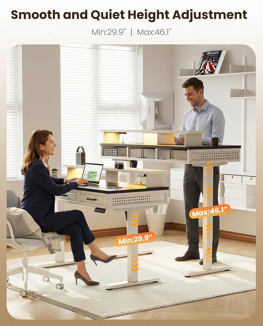OffiGo Electric Standing Desk with 3 Wooden Drawers, 48 Inch Height Adjustable Desk with Power Outlets & LED Lights, Black and White Sit Stand Table with Monitor Stand for Home, Office, Workstation
