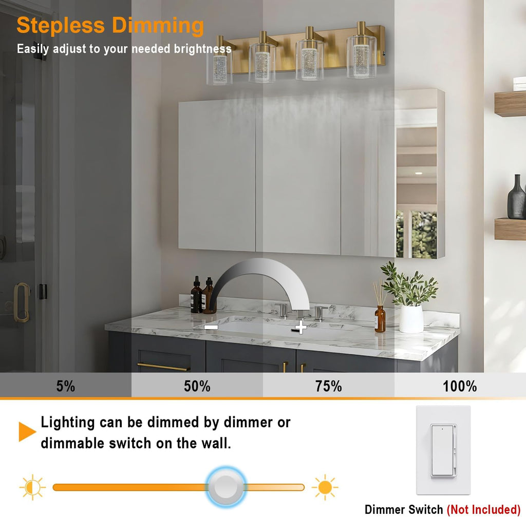 SineRise Vanity Light with 3 Color Modes (3000K/4000K/6000K), Eye Protection LED Bathroom Light Fixture, Dimmable Modern Wall Light Over Mirror with Clear Glass Shade (Gold, 4-Light)