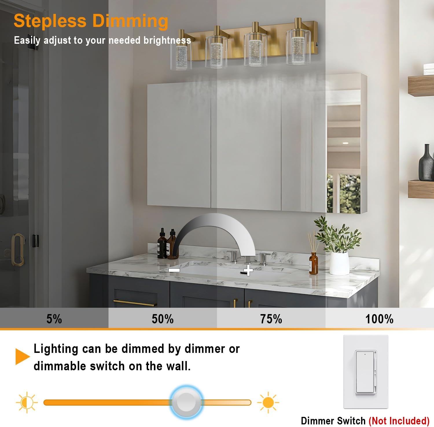 SineRise Vanity Light with 3 Color Modes (3000K/4000K/6000K), Eye Protection LED Bathroom Light Fixture, Dimmable Modern Wall Light Over Mirror with Clear Glass Shade (Gold, 4-Light)