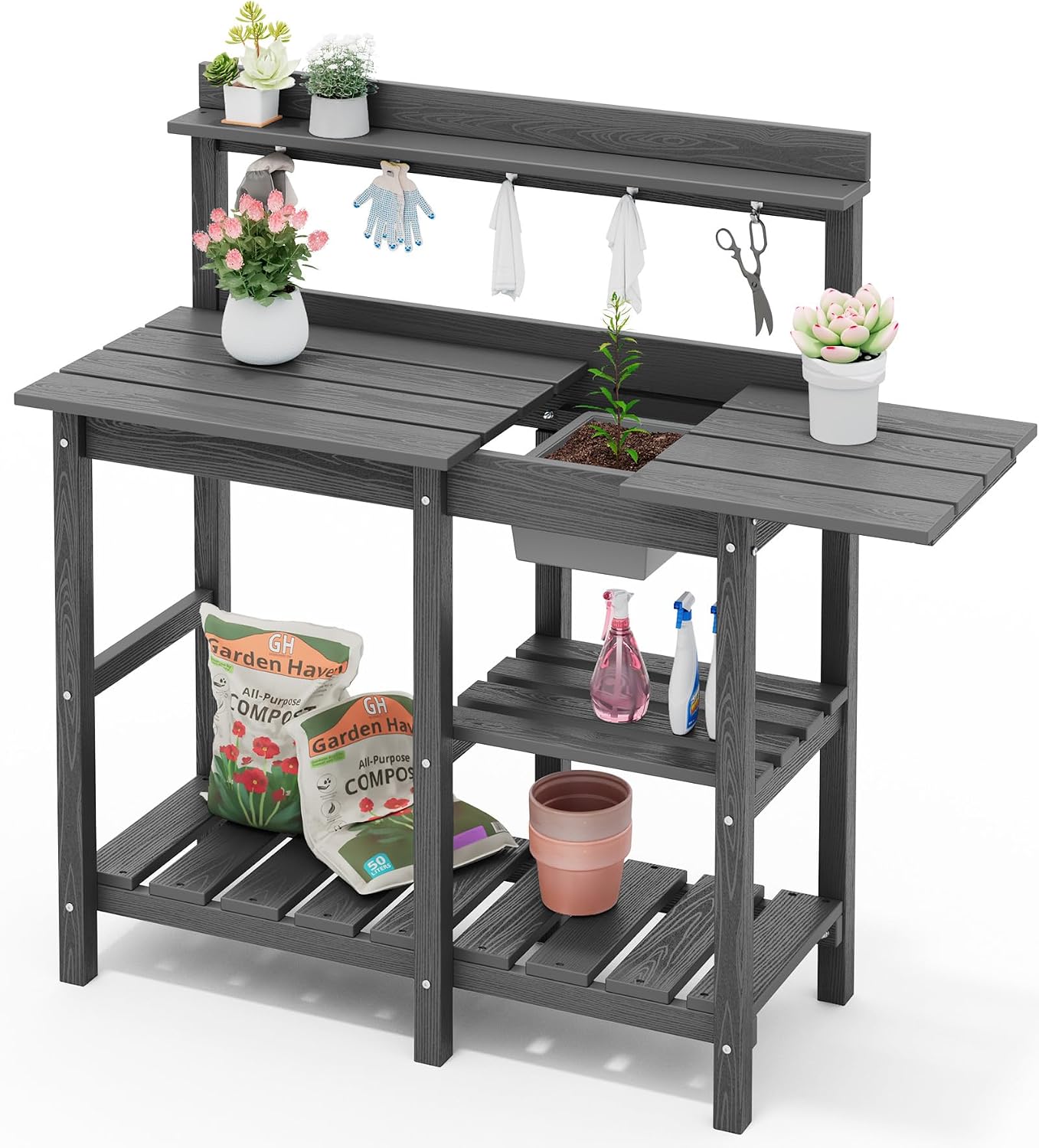 SERWALL Outdoor Potting Bench 2-Piece Set, Rot-Resistant HDPE Potting Table with Removable Sink for Outside Gardening, All-Weather Use - Gray