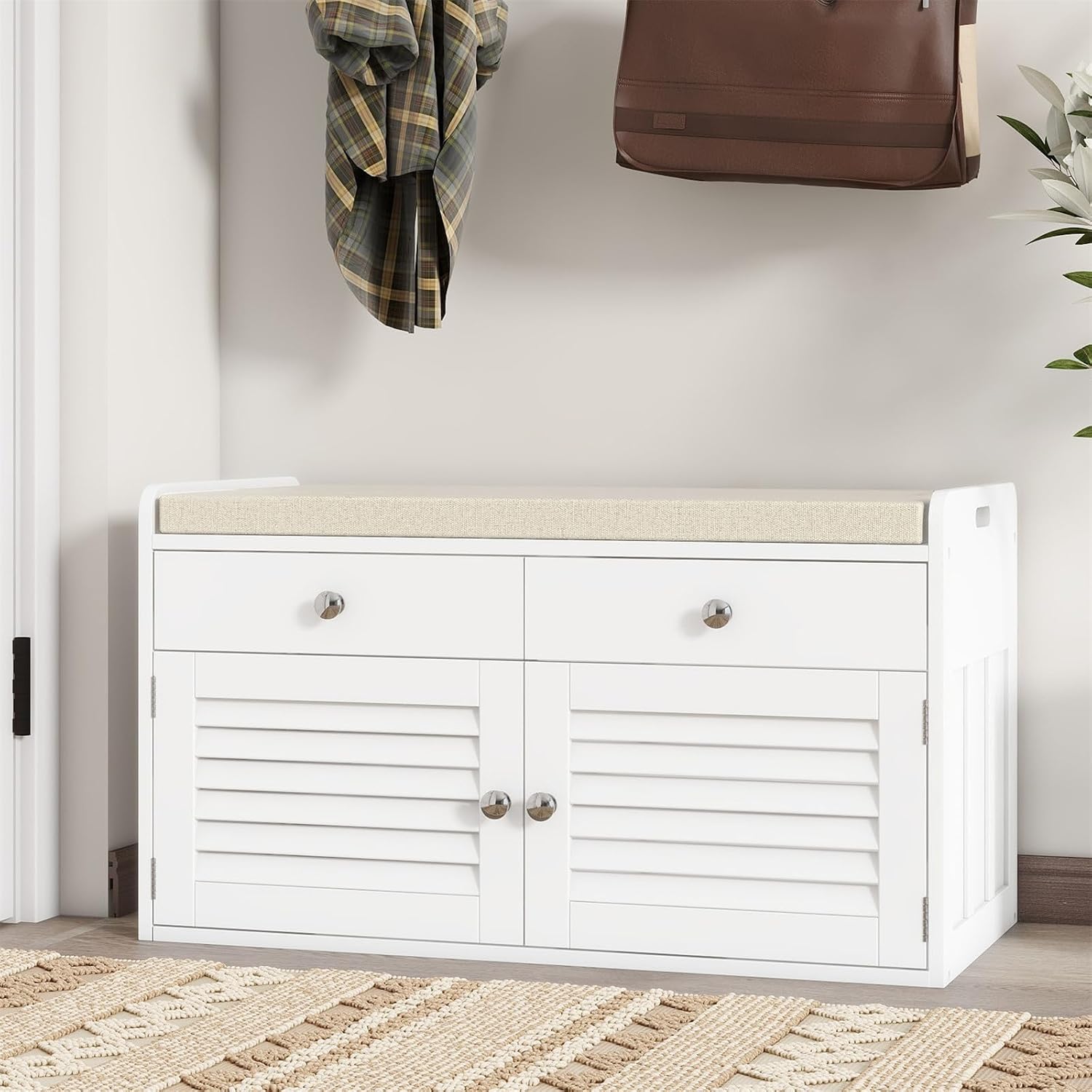 WARMHONIU Shoe Storage Bench with 2 Drawers, Entryway Bench with Cushion, Adjustable Shelves, Shoe Rack Bench with Louvered Doors for Entryway, Bedroom, Hallway, White