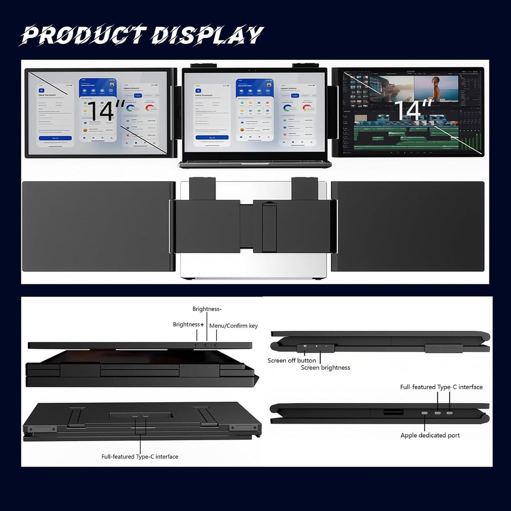 14' Laptop Screen Extender FHD 1080P IPS - Multi-Angle Rotatable, Portable Dual Monitor USB-C Plug & Play for 13'-16' Laptops, Works with Macos/Windows/Android/Switch/Xbox