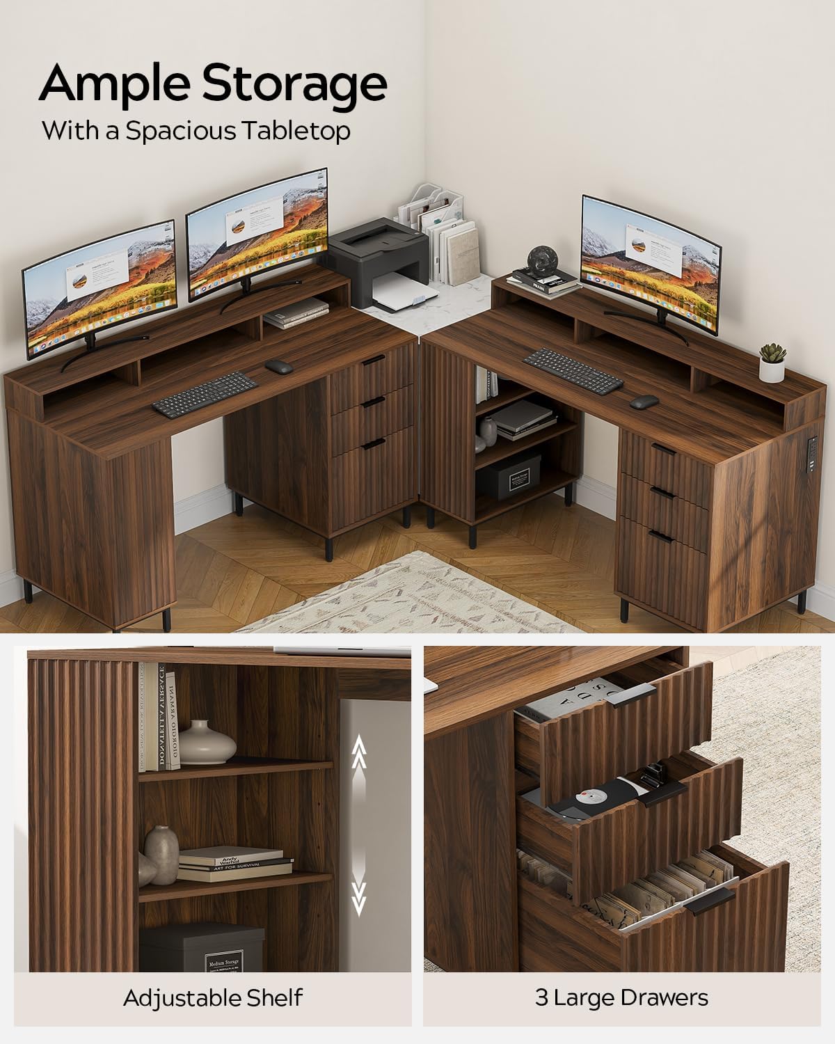 EYYTHUNG Brown Fluted Executive Desk with Storage Shelf & File Drawer, 55' Modern Wood Office Desk with Monitor Stand & Charging Station, Home Writing Computer Table for Work Study