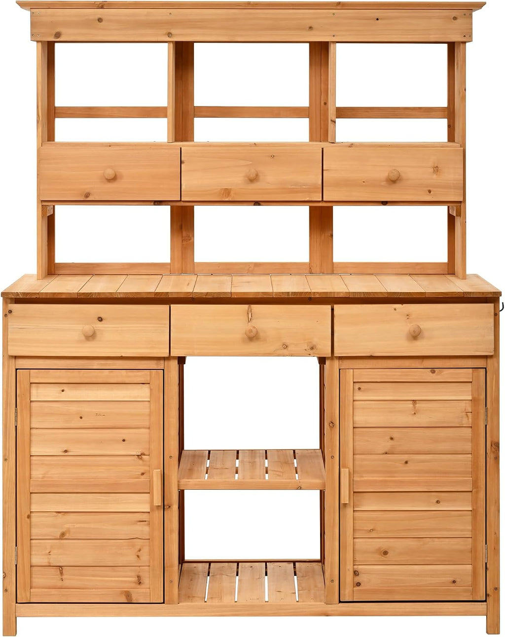 JIVOIT Outdoor Wood Workstation Table, 65.7'' H Tall Garden Potting Bench Table with Hutch, 3 Shelves, 6 Drawers, 2 Bottom Cabinets & Side Hooks, Patio Storage Workstation for Mudroom, Doorway