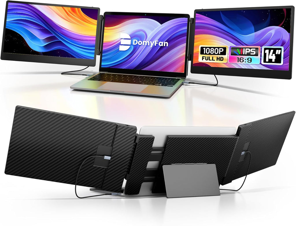 domyfan 14' Laptop Screen Extender, S3 FHD 1080P IPS Triple Portable Monitor Laptop, HDMI/USB-A/Type-C Compatible with Windows/Mac/Android