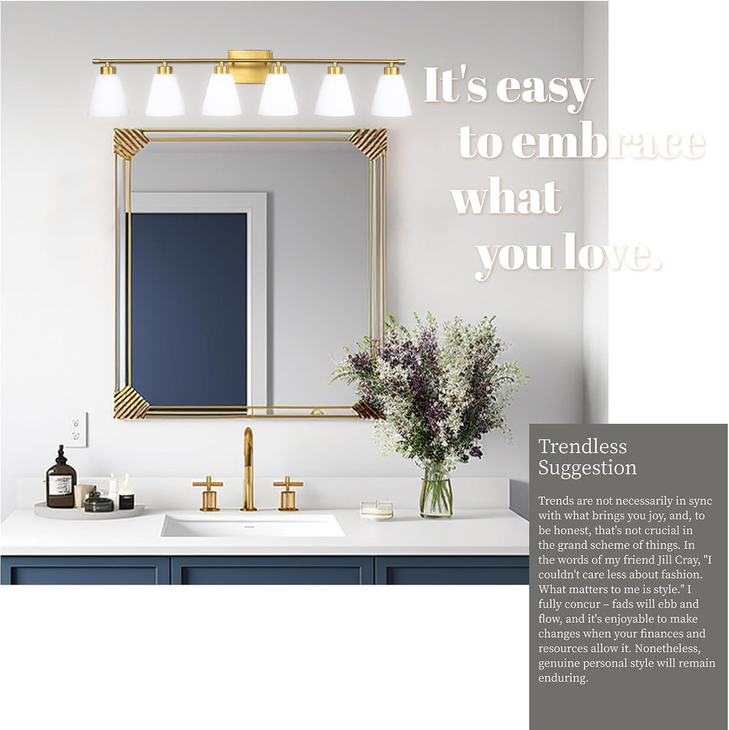 Hamilyeah 6 Light Bathroom Vanity Light Gold, 45 inch Gold Bathroom Vanity Lighting Fixtures Over Mirror with Milk Glass Shade, 6 Bulb Light Fixtures Over Mirror