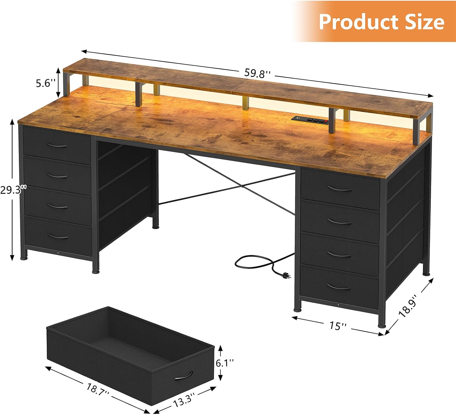 YOMILUVE 60 Inch Computer Desk with 8 Fabric Drawers, Gaming Desk with LED Lights & Power Outlets, Home Office Desk with Monitor Stand, Rustic Brown