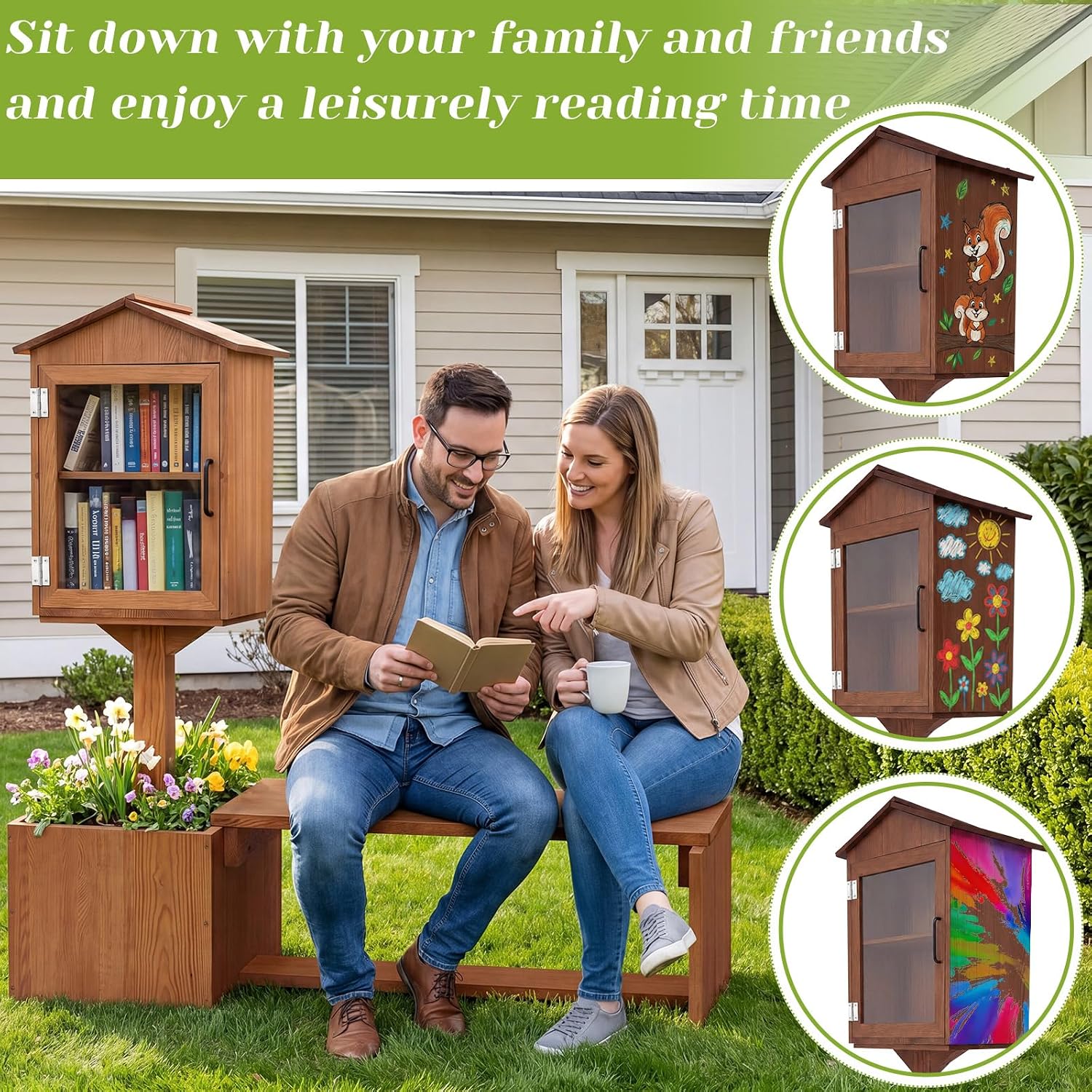 Wonderjune Little Library Box Outdoor with Bench & Planter DIY Paintable Lending free Library Solid Pine Wood Neighborhood Share Box Ground Mount Kit for Yard Garden Community School(Dark Brown)