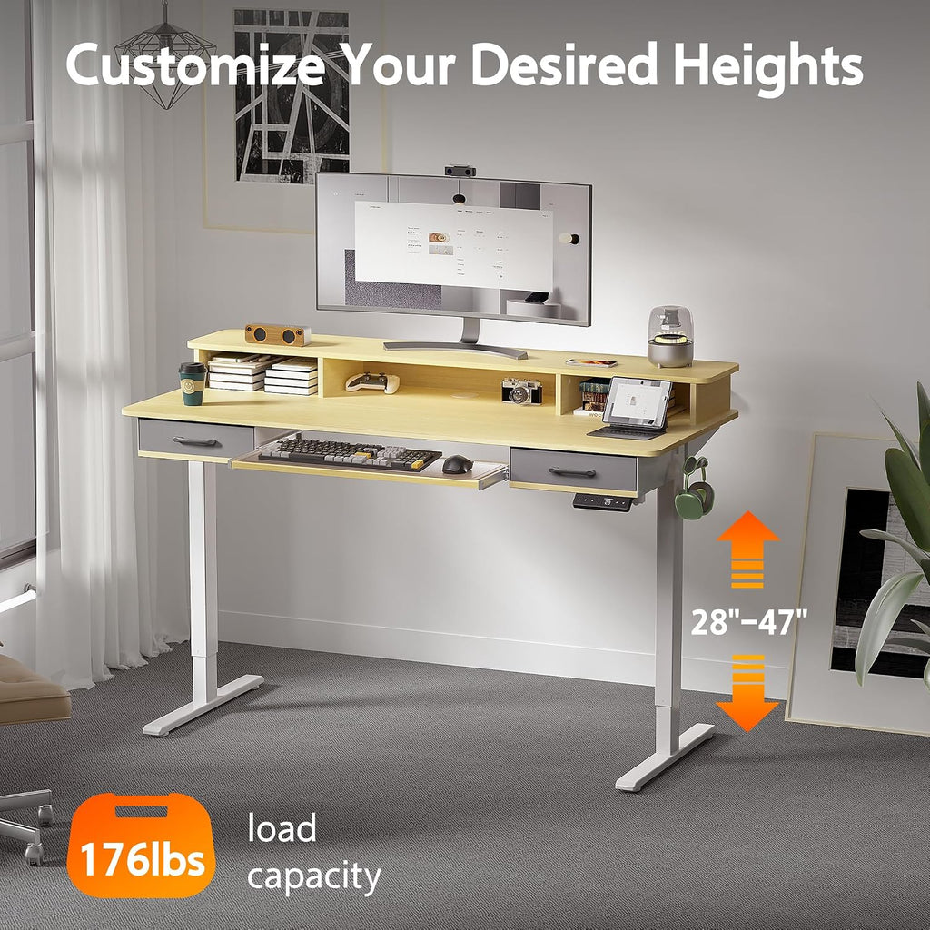 WALKINGDESK 55 Inches Electric Standing Desk with Keyboard Tray, Height Adjustable Sit to Stand Table with 2 Drawers, Ergonomic Home Office Desk with Storage Shelf, Computer Table, Oak