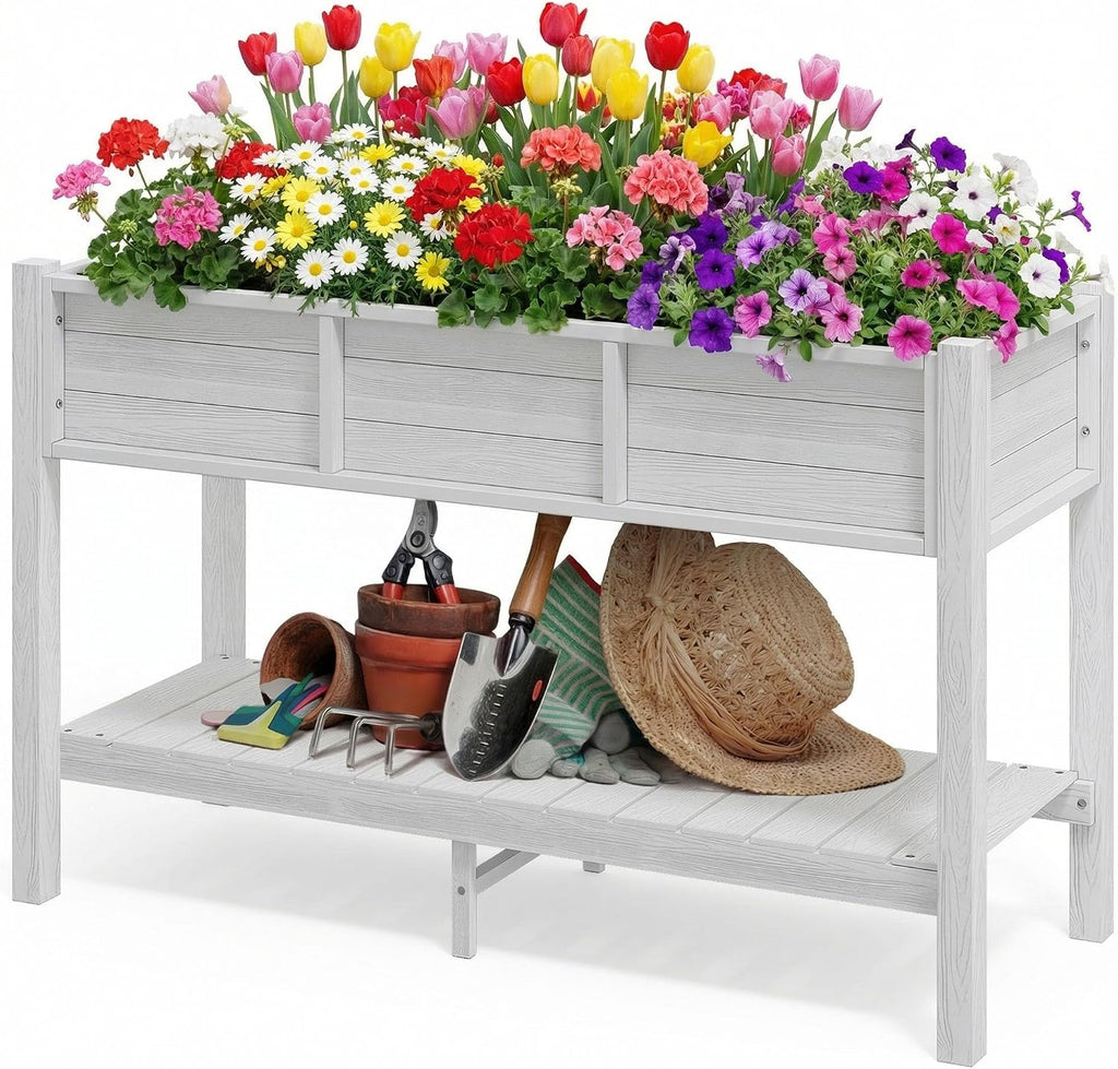 DWVO 48x18x30in Raised Garden Bed HDPE, Poly Wood Planter Box Stand,Weather-Resistant Planter Box with Legs & Storage Shelf, Elevated Garden Bed for Backyard, Patio, Balcony, White