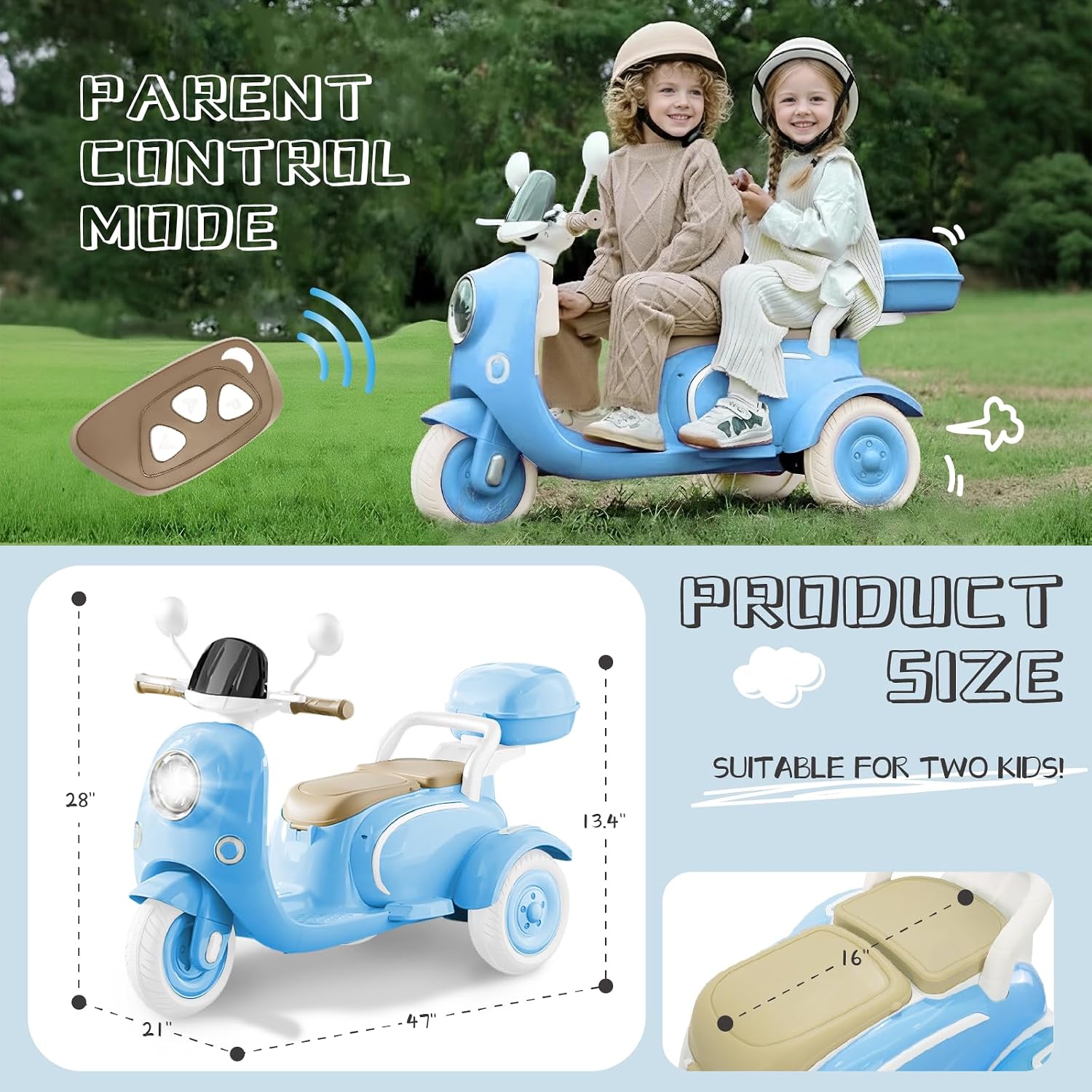 HEIMILI 12V 2-Seater Ride on Motorcycle for Kids, 3 Wheel Electric Motorbike with Dual 25W Motors, Toddler Moped Scooter with Bluetooth Music, Battery Powered Toy for Girls Boys 3-6 Years, Blue