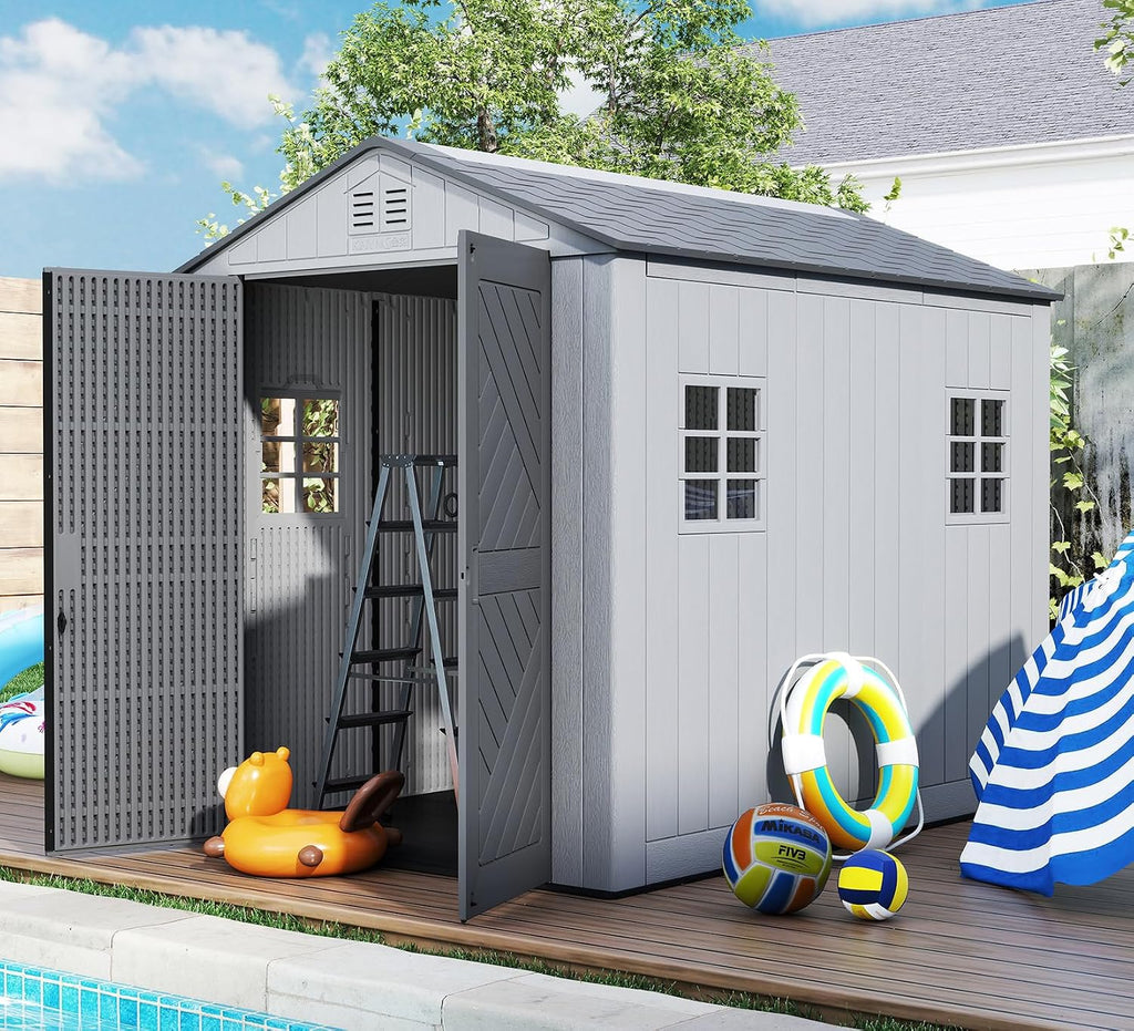 ZZM Outdoor Storage Shed 6x9 Ft, All-Weather Resistant Resin Garden Sheds & Outdoor Storage Clearance with Floor and Windows, Double-Layer Plastic Tool Shed for Backyard, Patio & Lawn (Gray)